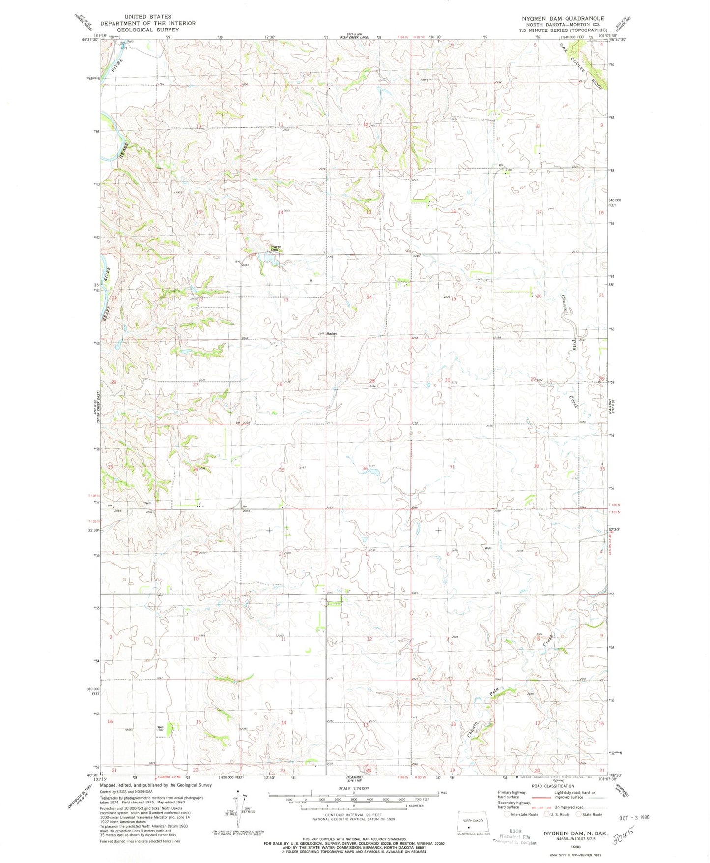 Classic USGS Nygren Dam North Dakota 7.5'x7.5' Topo Map Image