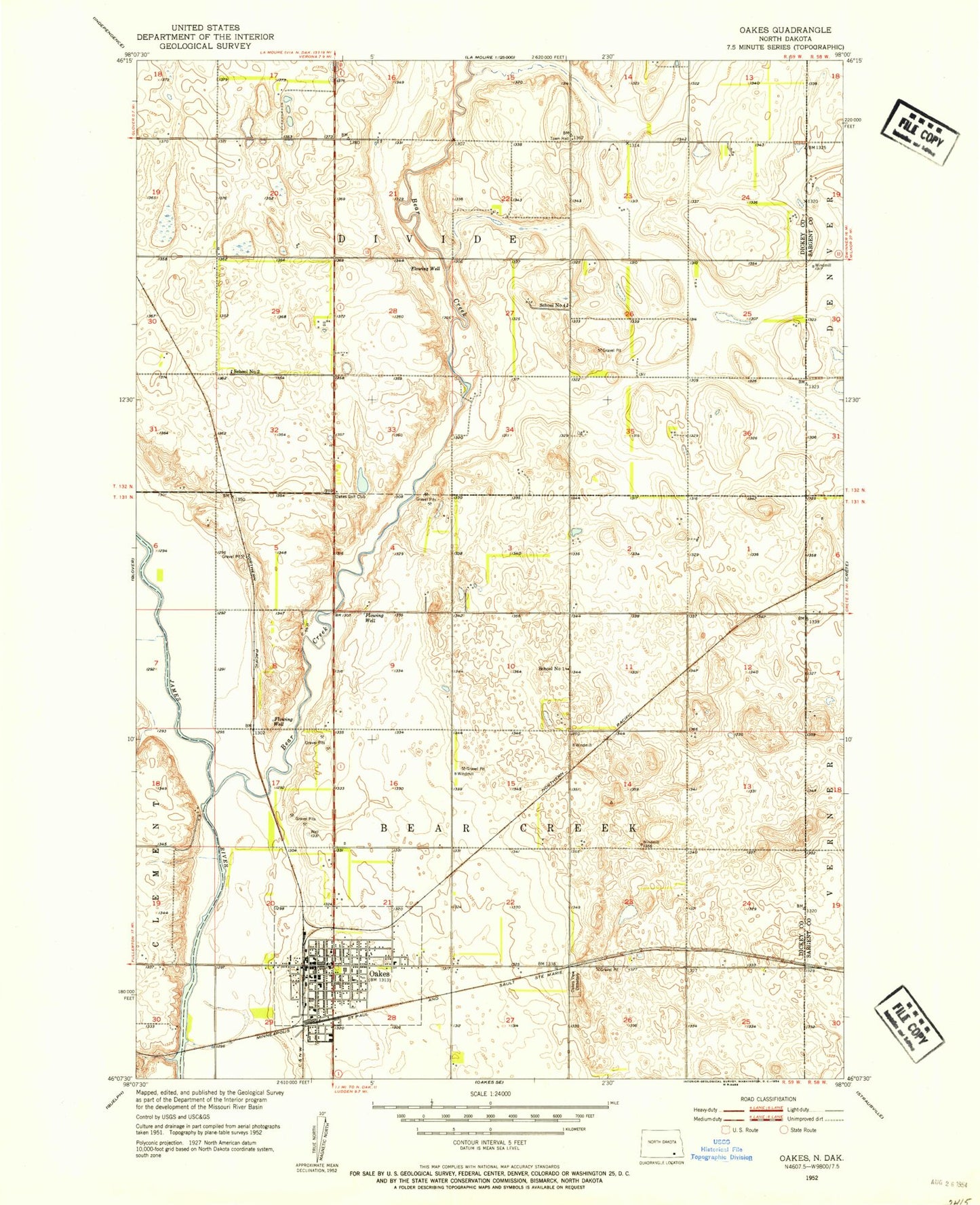 Classic USGS Oakes North Dakota 7.5'x7.5' Topo Map Image