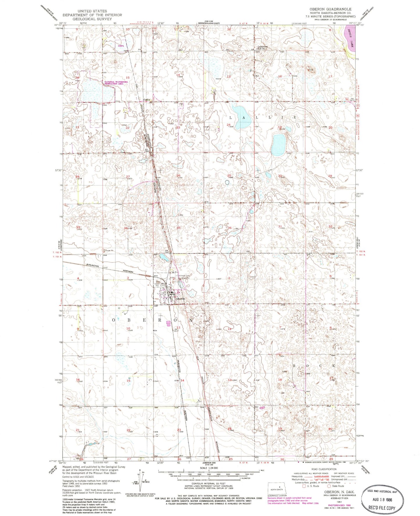 Classic USGS Oberon North Dakota 7.5'x7.5' Topo Map Image