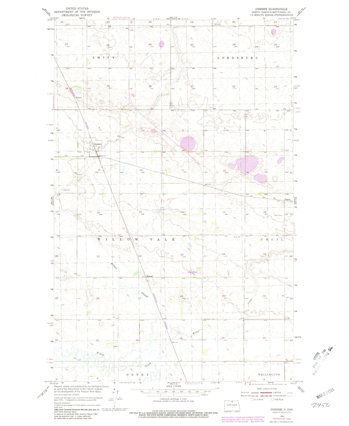 Classic USGS Omemee North Dakota 7.5'x7.5' Topo Map Image