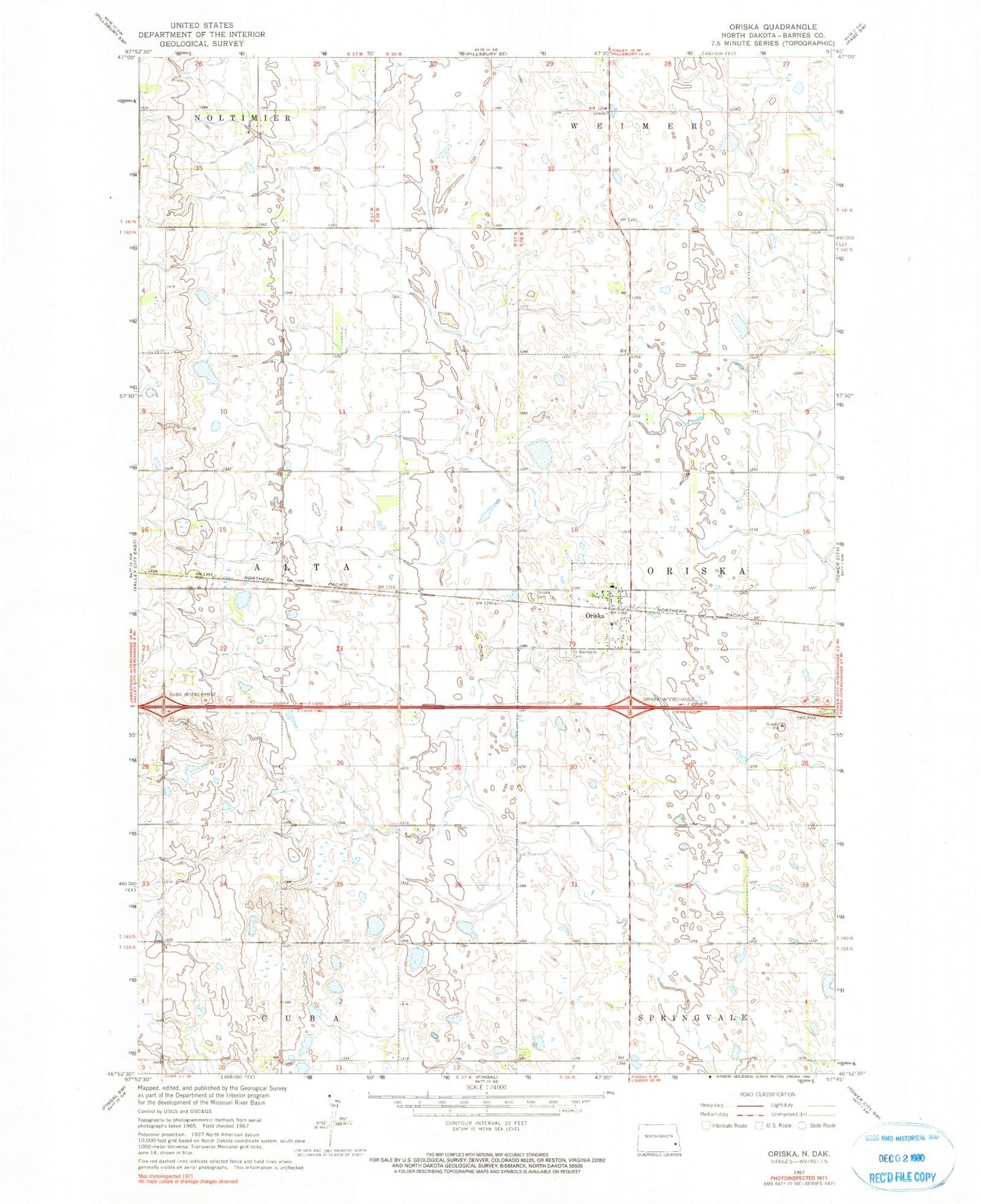 Classic USGS Oriska North Dakota 7.5'x7.5' Topo Map Image