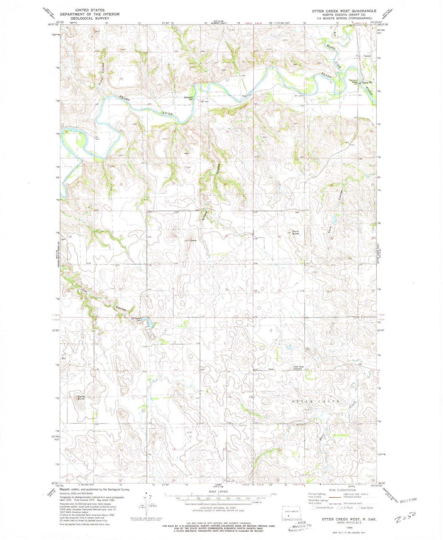 Classic USGS Otter Creek West North Dakota 7.5'x7.5' Topo Map Image