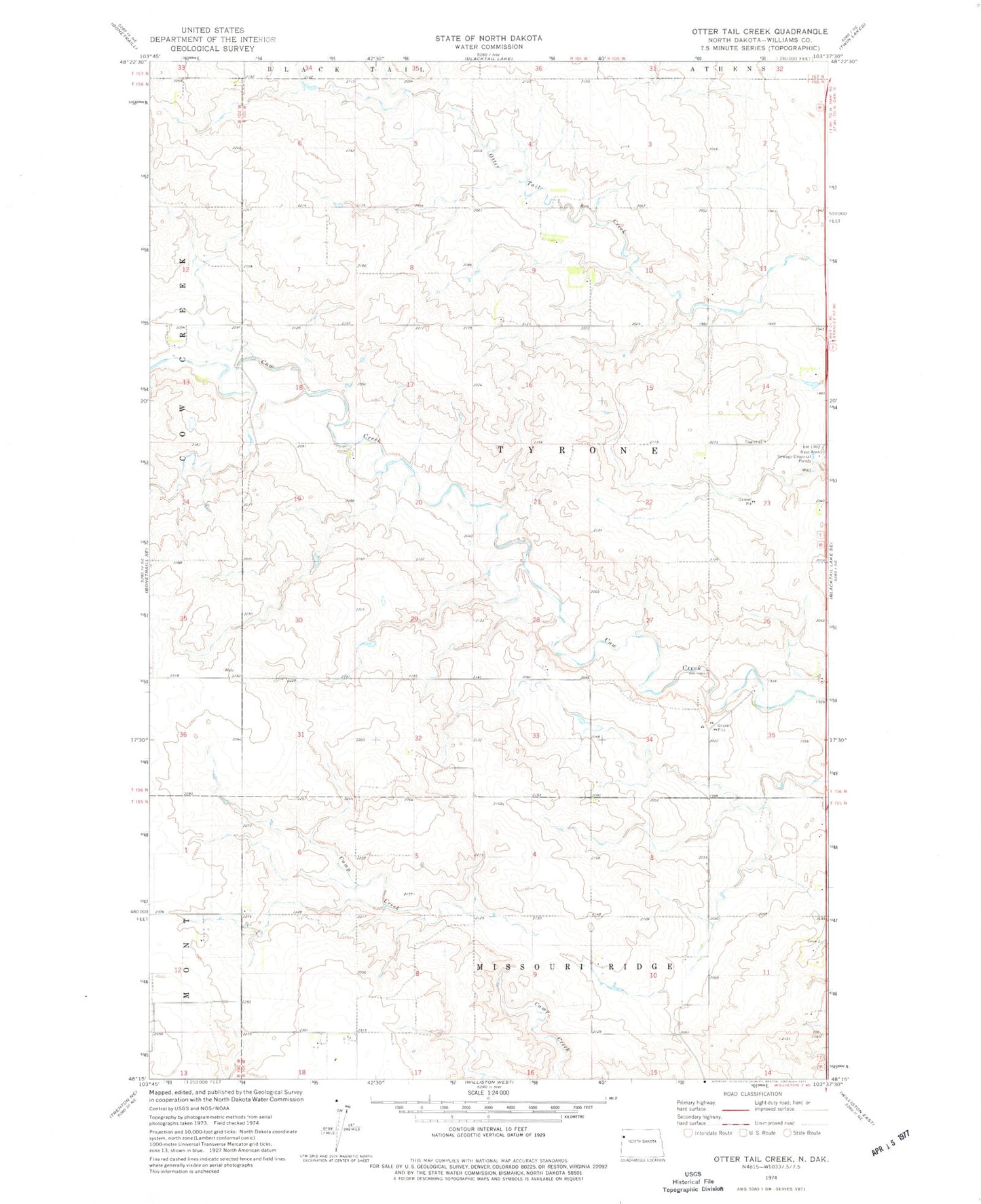 Classic USGS Otter Tail Creek North Dakota 7.5'x7.5' Topo Map Image