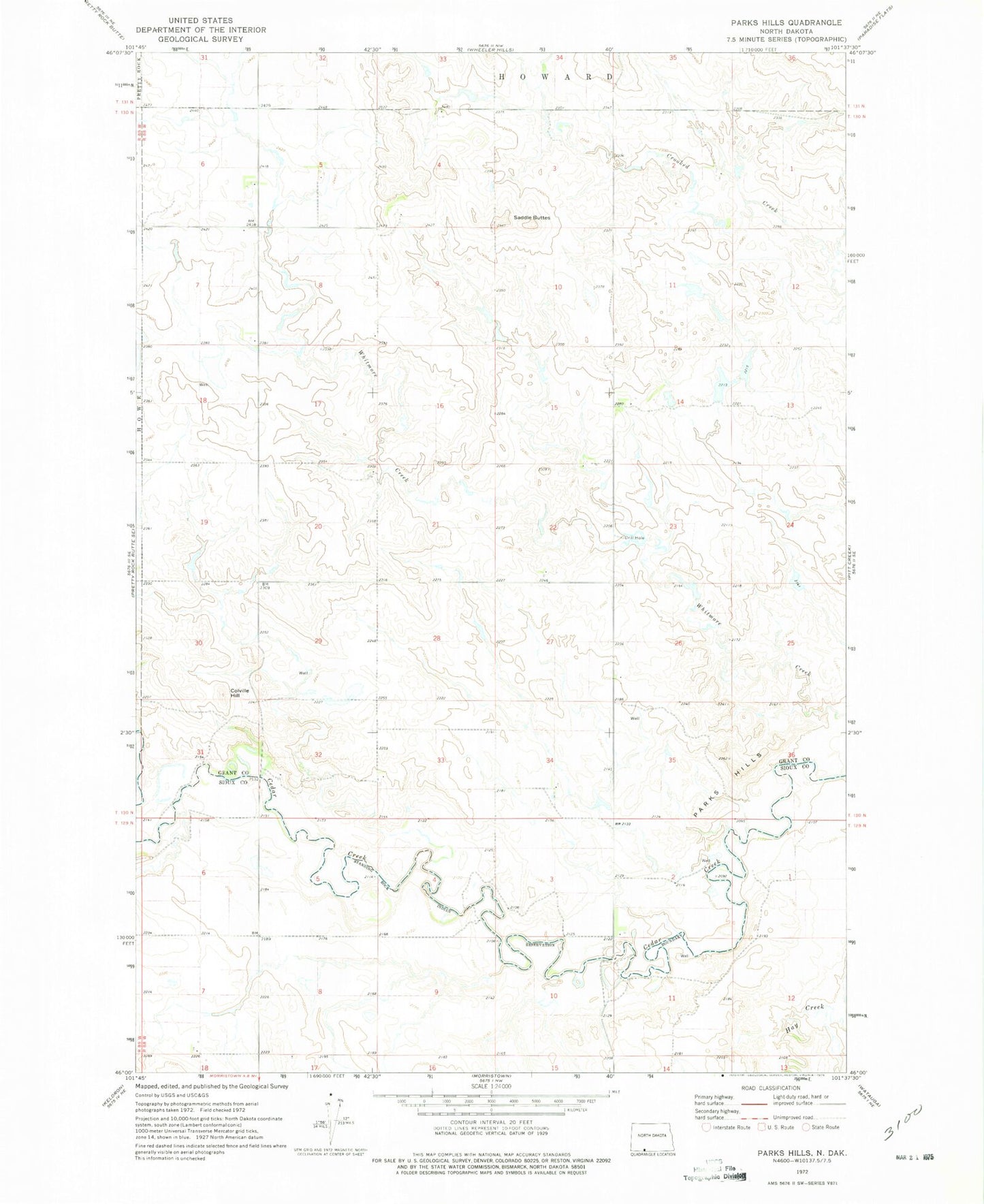 Classic USGS Parks Hills North Dakota 7.5'x7.5' Topo Map Image