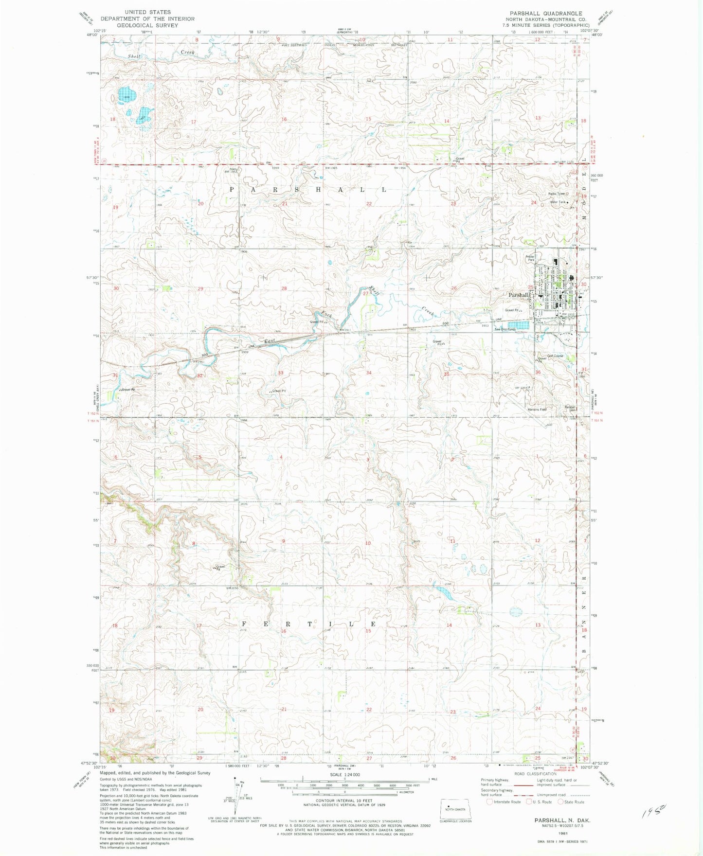 Classic USGS Parshall North Dakota 7.5'x7.5' Topo Map Image