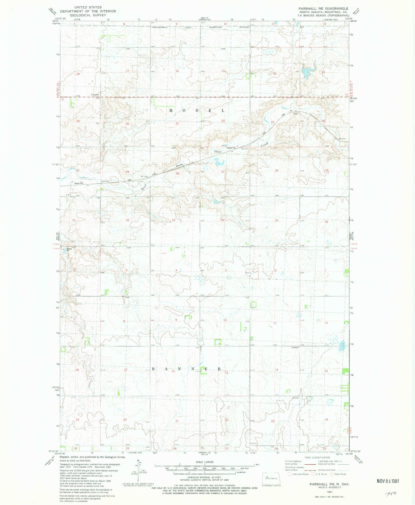 Classic USGS Parshall NE North Dakota 7.5'x7.5' Topo Map Image