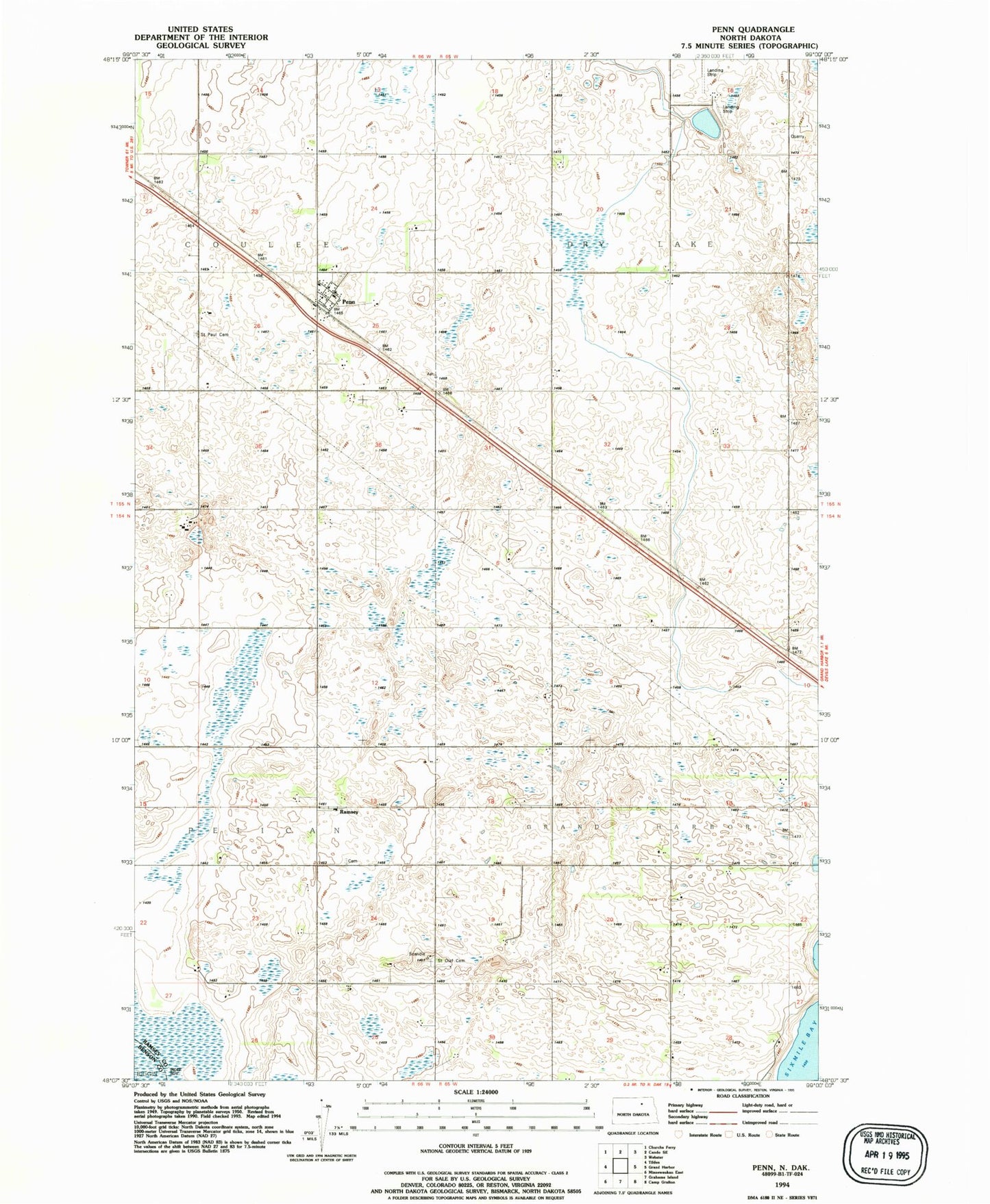 Classic USGS Penn North Dakota 7.5'x7.5' Topo Map Image