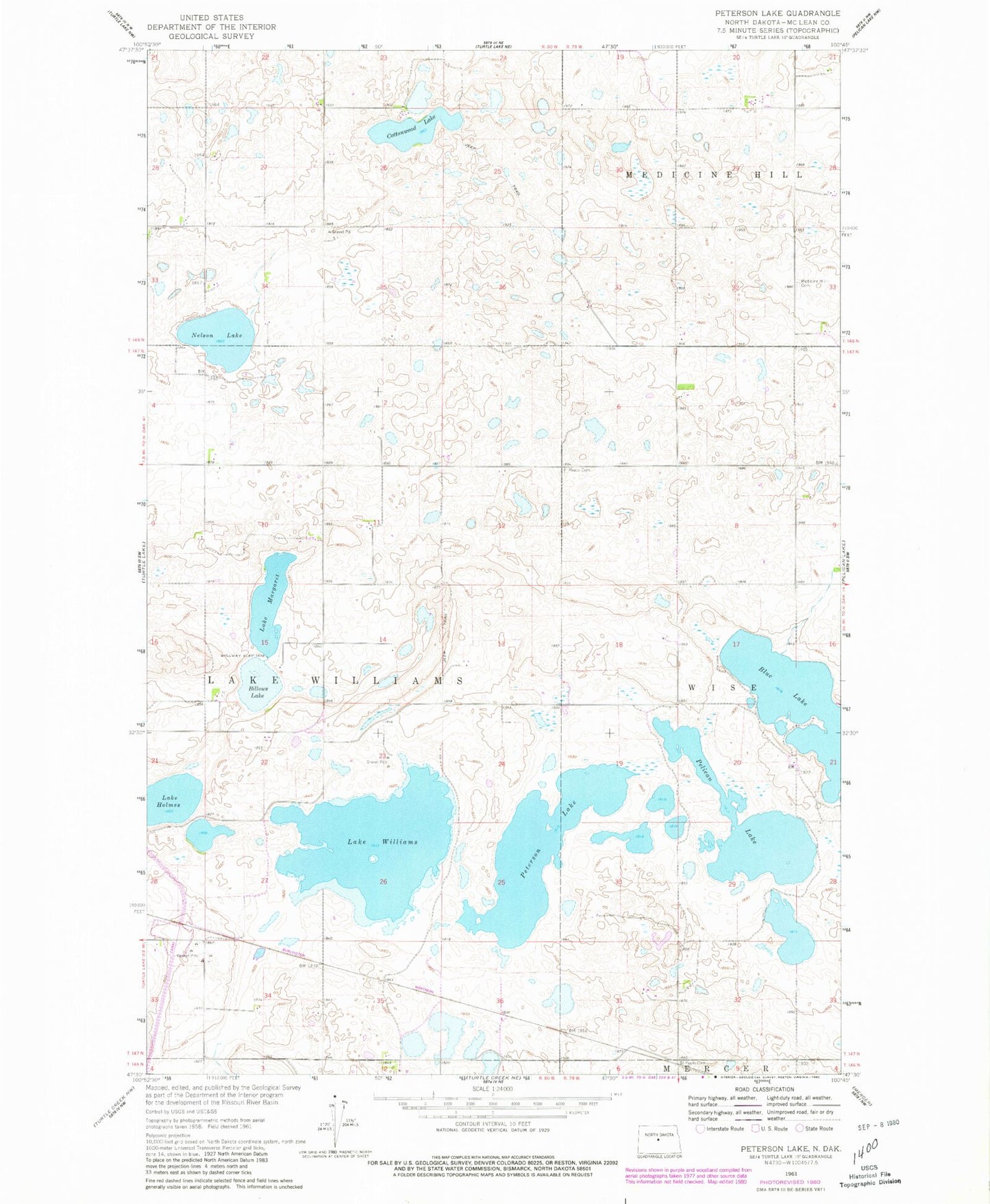 Classic USGS Peterson Lake North Dakota 7.5'x7.5' Topo Map Image