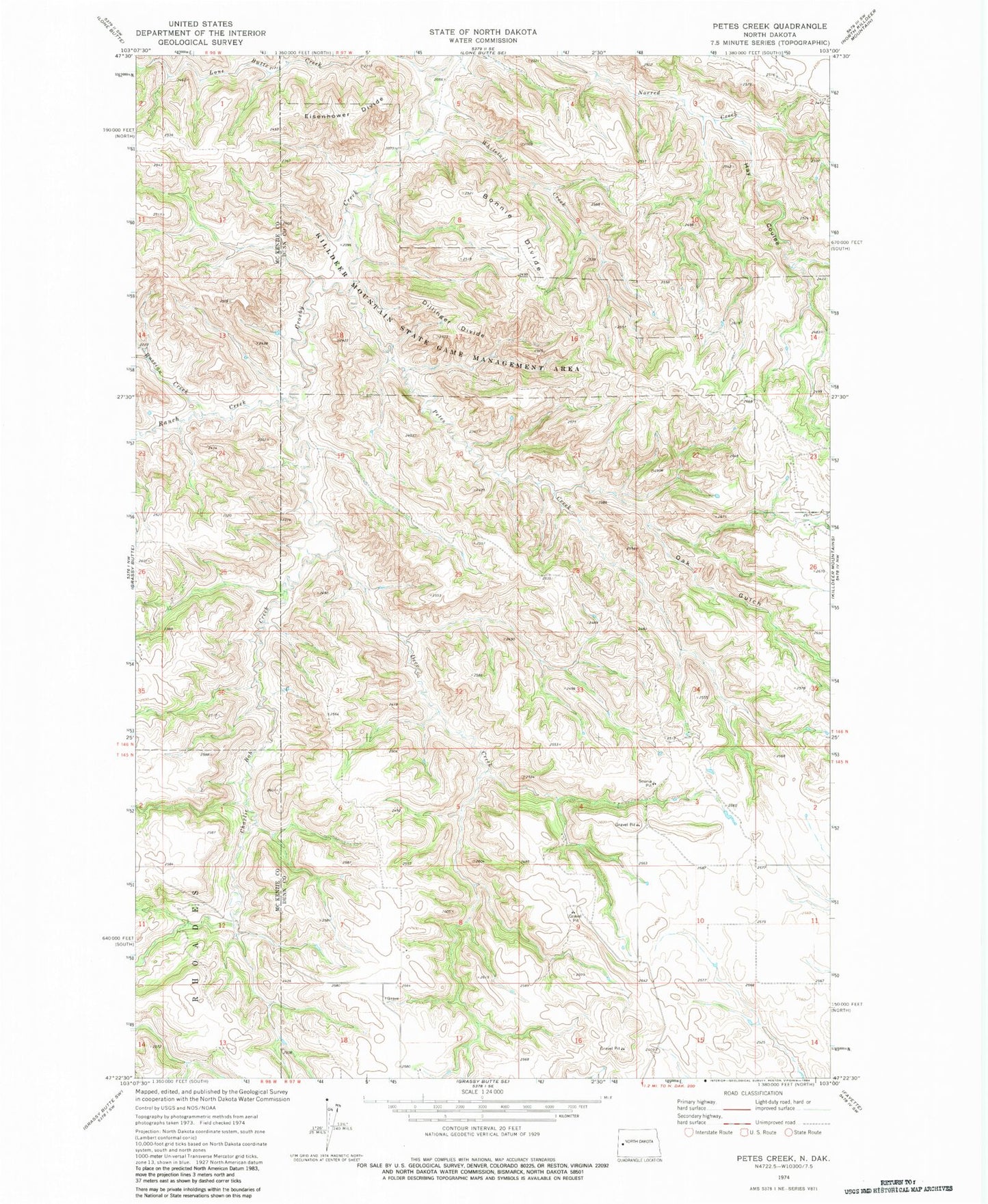 Classic USGS Petes Creek North Dakota 7.5'x7.5' Topo Map Image