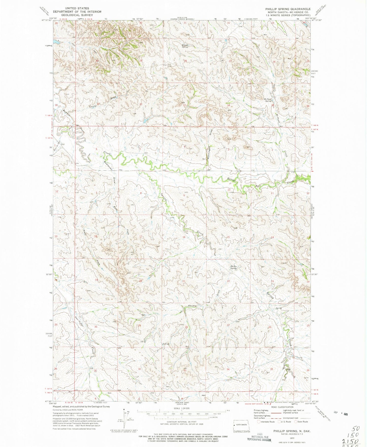 Classic USGS Phillip Spring North Dakota 7.5'x7.5' Topo Map Image