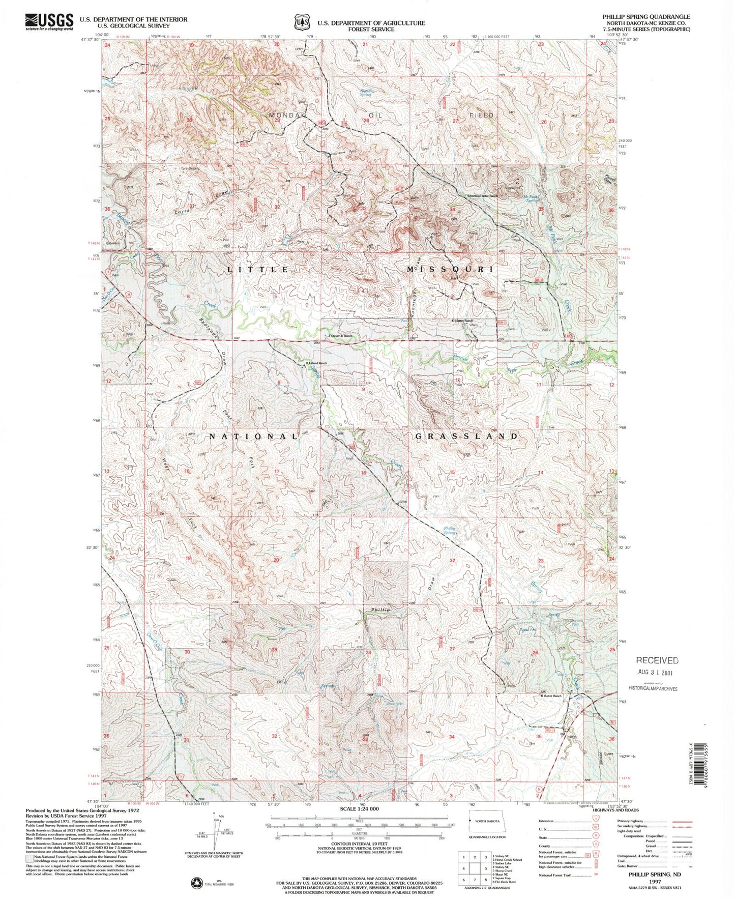 Classic USGS Phillip Spring North Dakota 7.5'x7.5' Topo Map Image