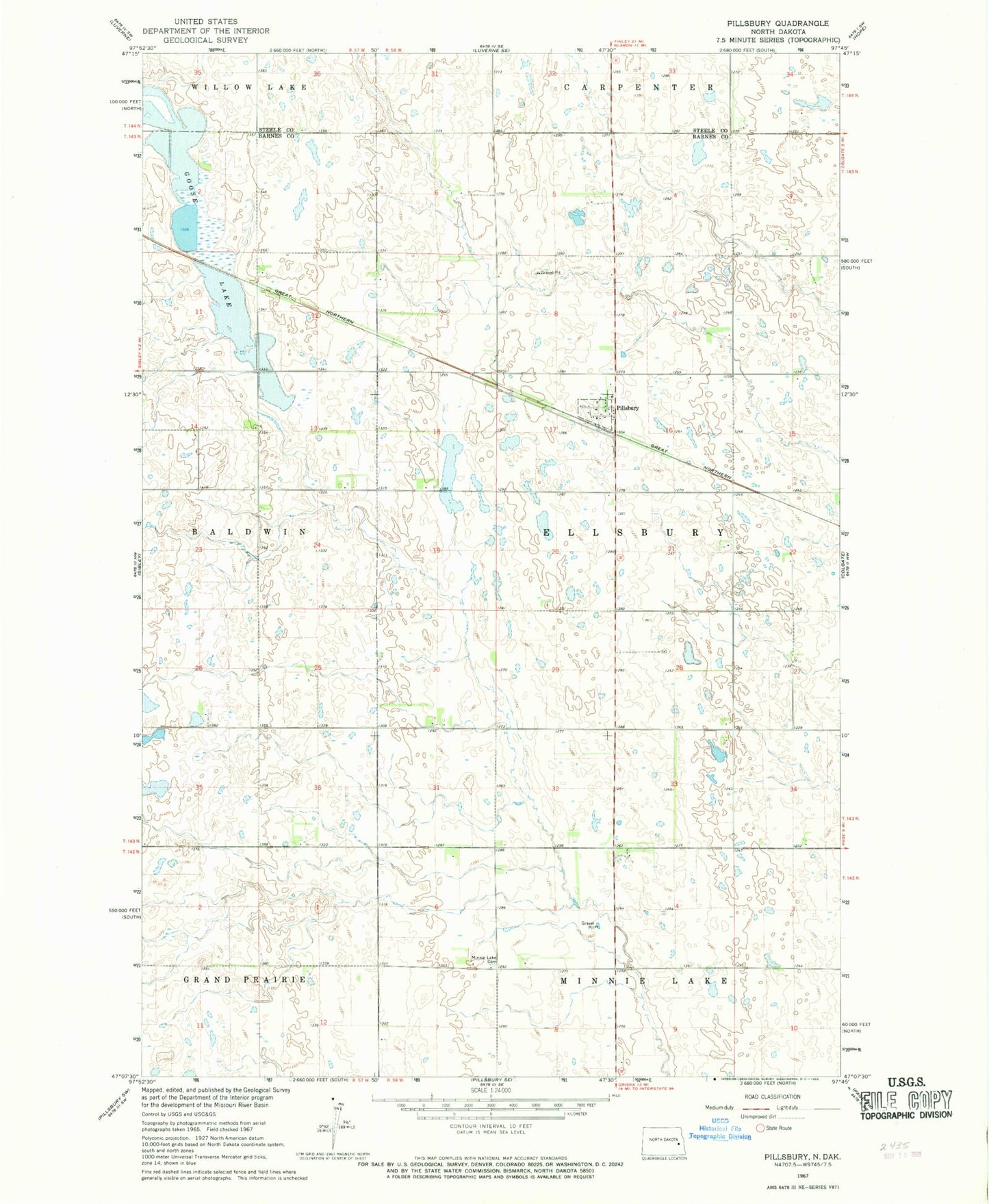 Classic USGS Pillsbury North Dakota 7.5'x7.5' Topo Map Image