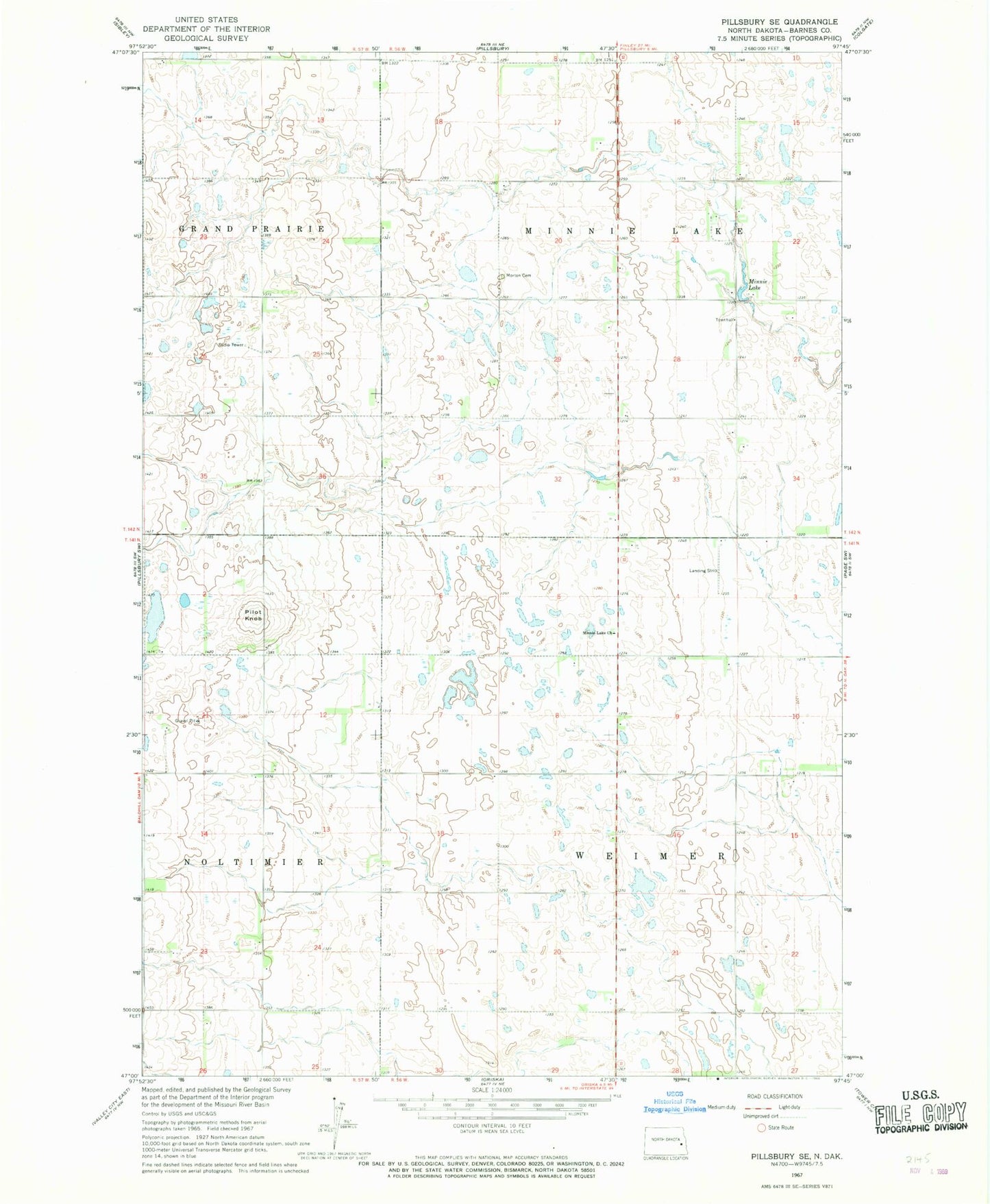 Classic USGS Pillsbury SE North Dakota 7.5'x7.5' Topo Map Image