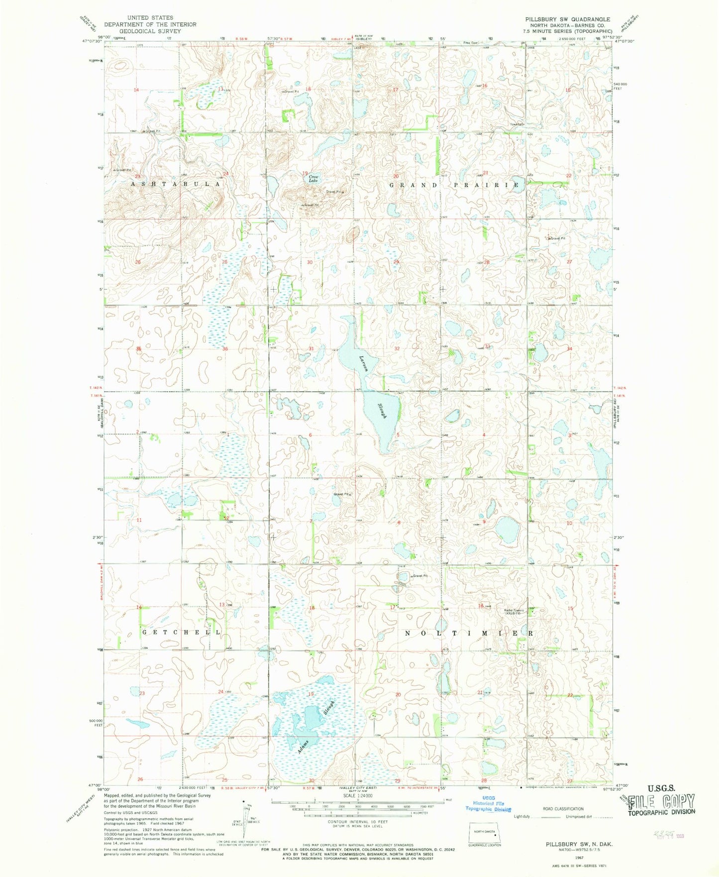Classic USGS Pillsbury SW North Dakota 7.5'x7.5' Topo Map Image
