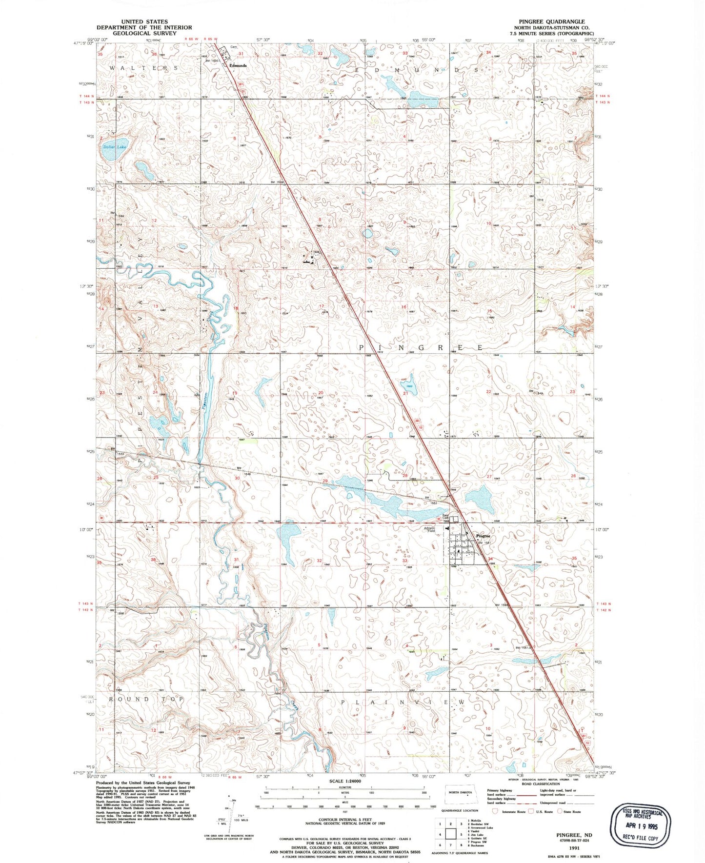 Classic USGS Pingree North Dakota 7.5'x7.5' Topo Map Image