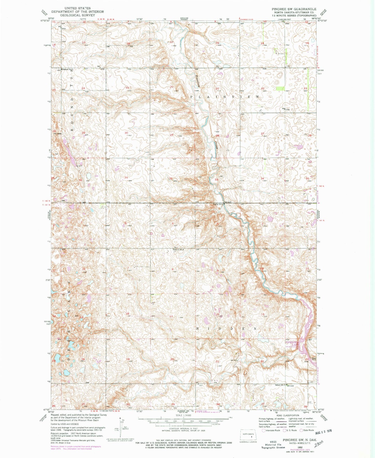 Classic USGS Pingree SW North Dakota 7.5'x7.5' Topo Map Image