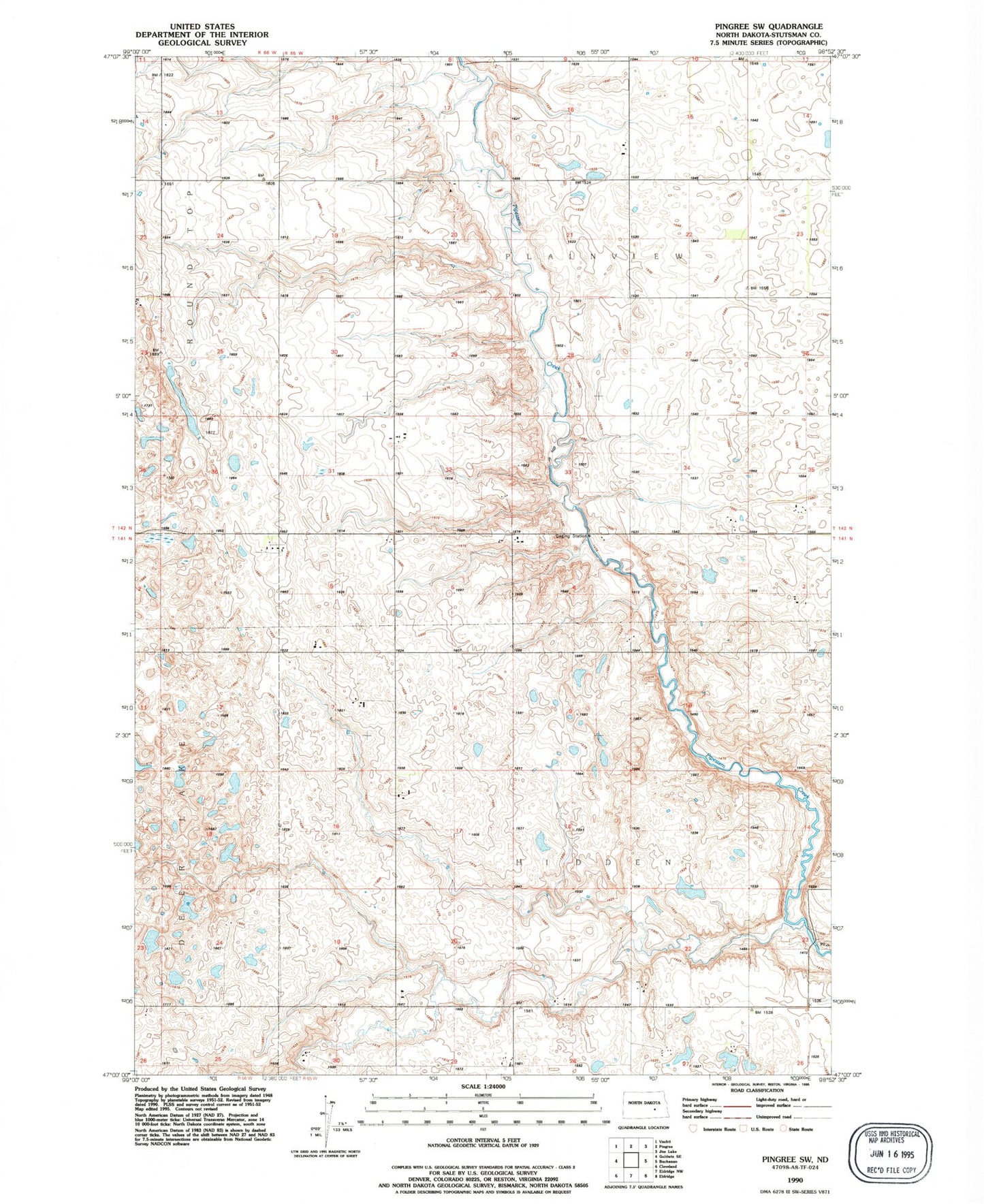 Classic USGS Pingree SW North Dakota 7.5'x7.5' Topo Map Image