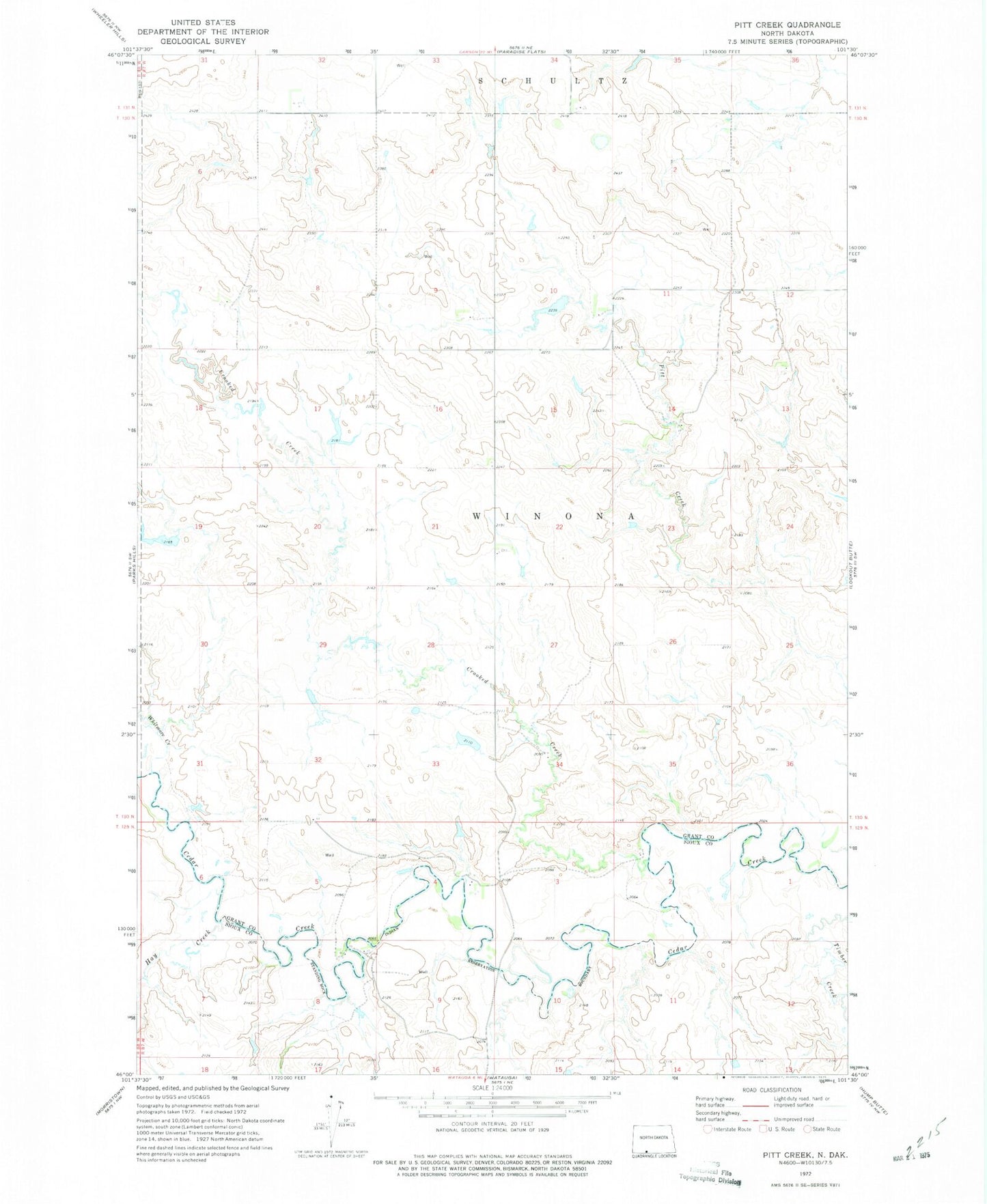 Classic USGS Pitt Creek North Dakota 7.5'x7.5' Topo Map Image