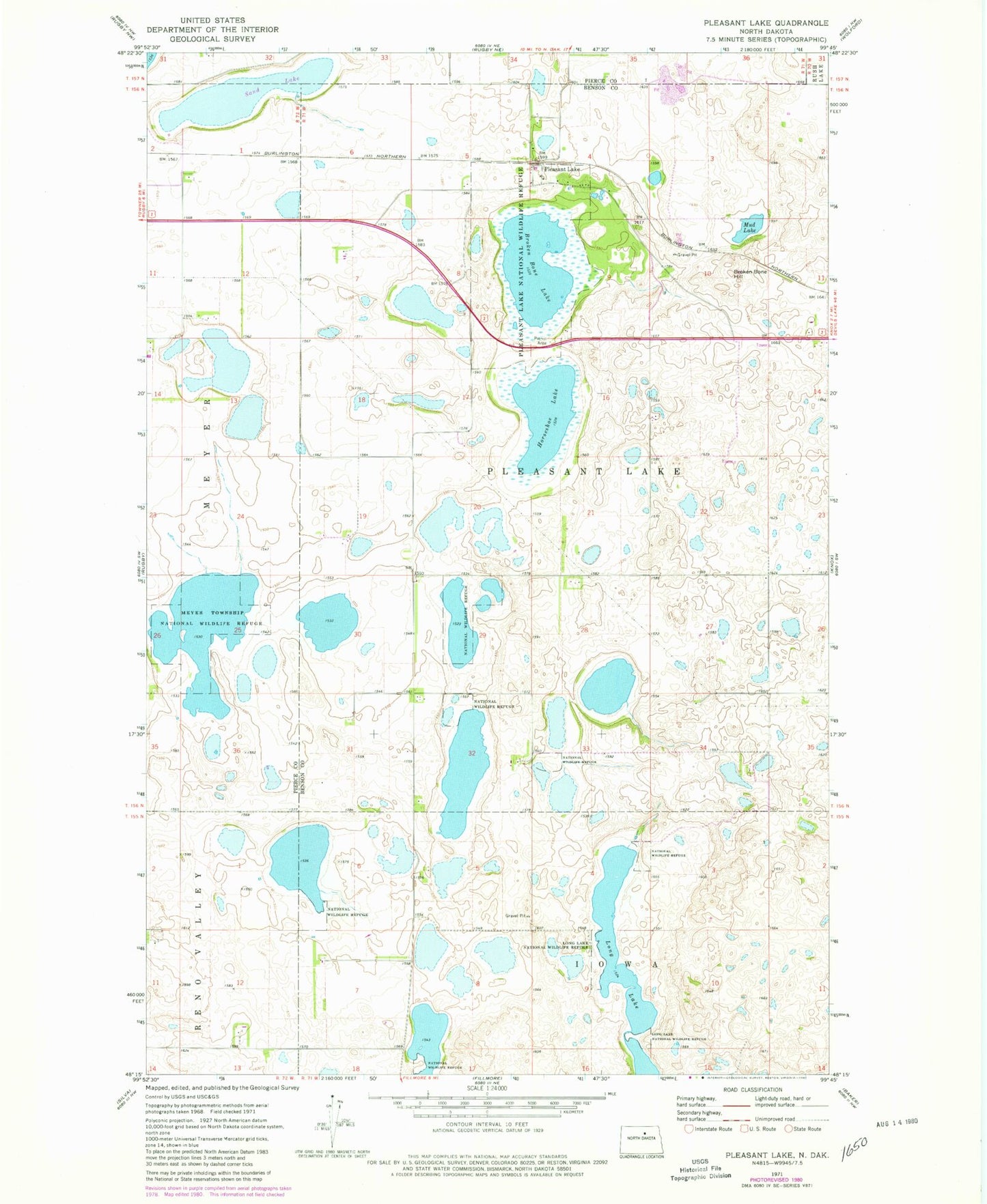 Classic USGS Pleasant Lake North Dakota 7.5'x7.5' Topo Map Image