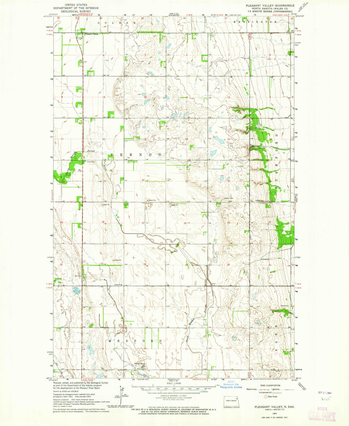 Classic USGS Pleasant Valley North Dakota 7.5'x7.5' Topo Map Image