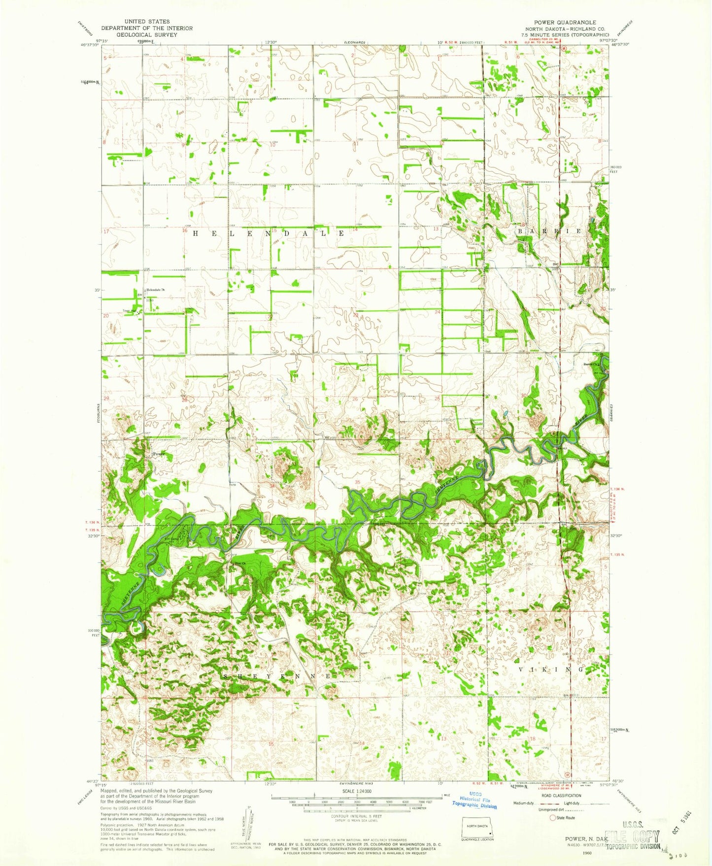 Classic USGS Power North Dakota 7.5'x7.5' Topo Map Image