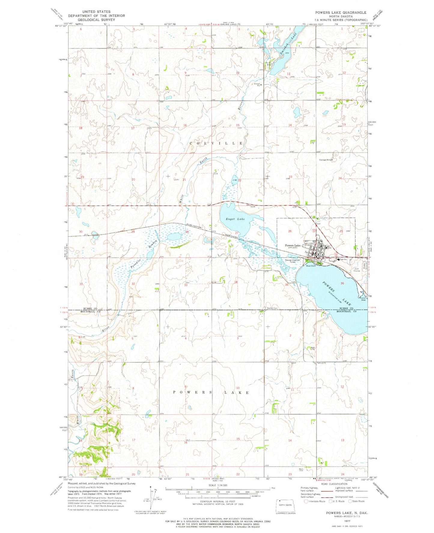Classic USGS Powers Lake North Dakota 7.5'x7.5' Topo Map Image