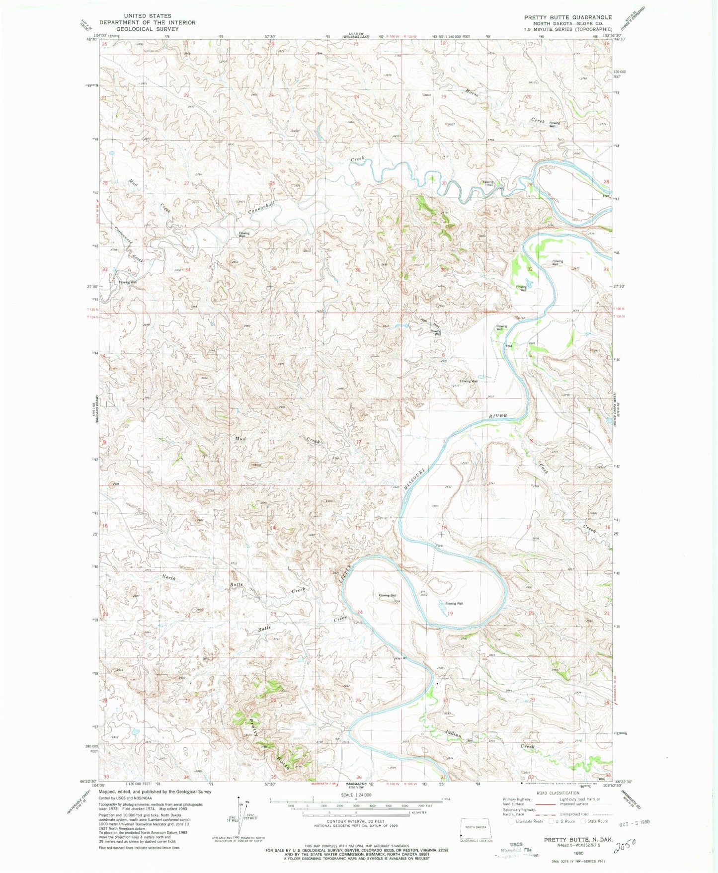 Classic USGS Pretty Butte North Dakota 7.5'x7.5' Topo Map Image