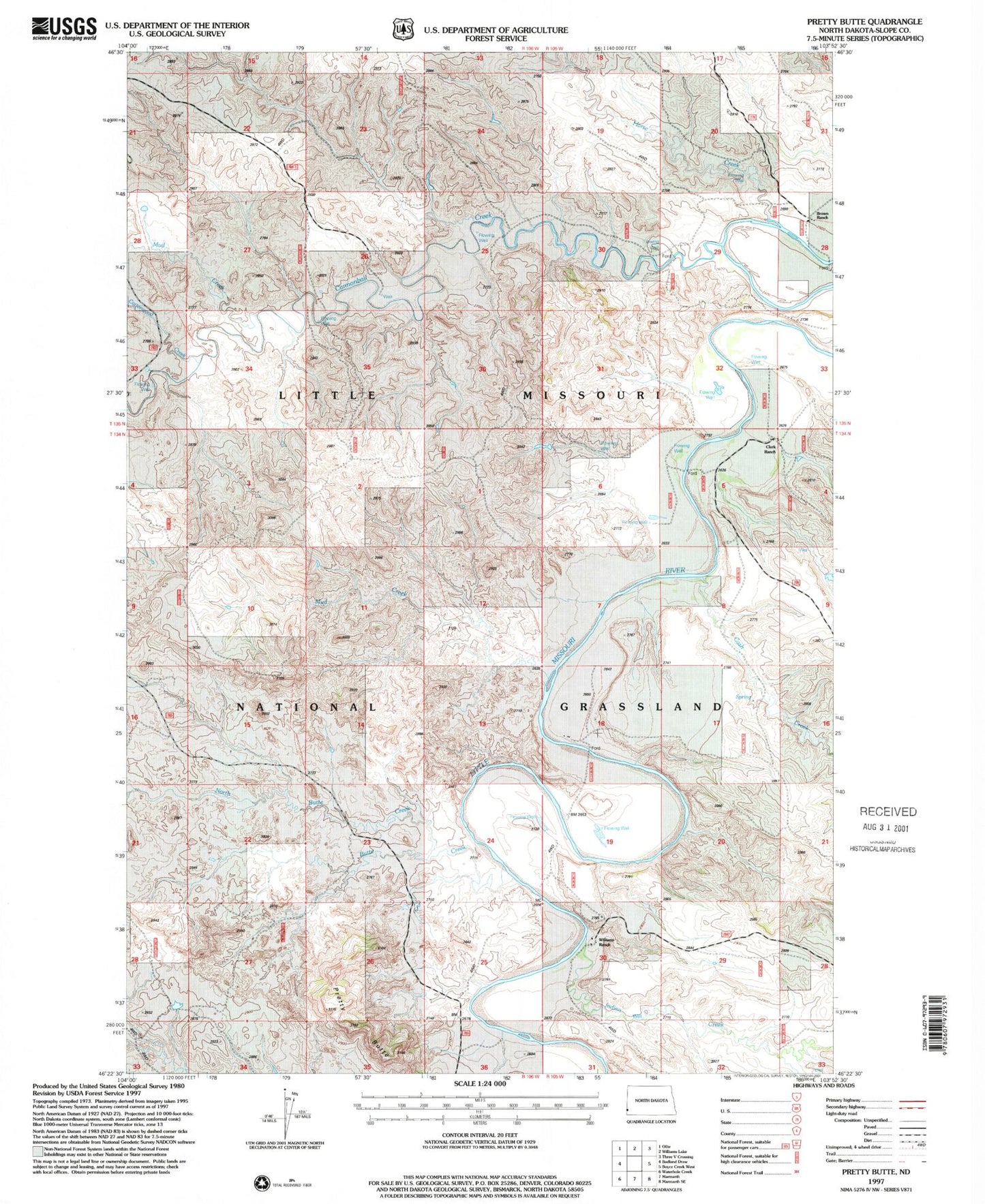 Classic USGS Pretty Butte North Dakota 7.5'x7.5' Topo Map Image