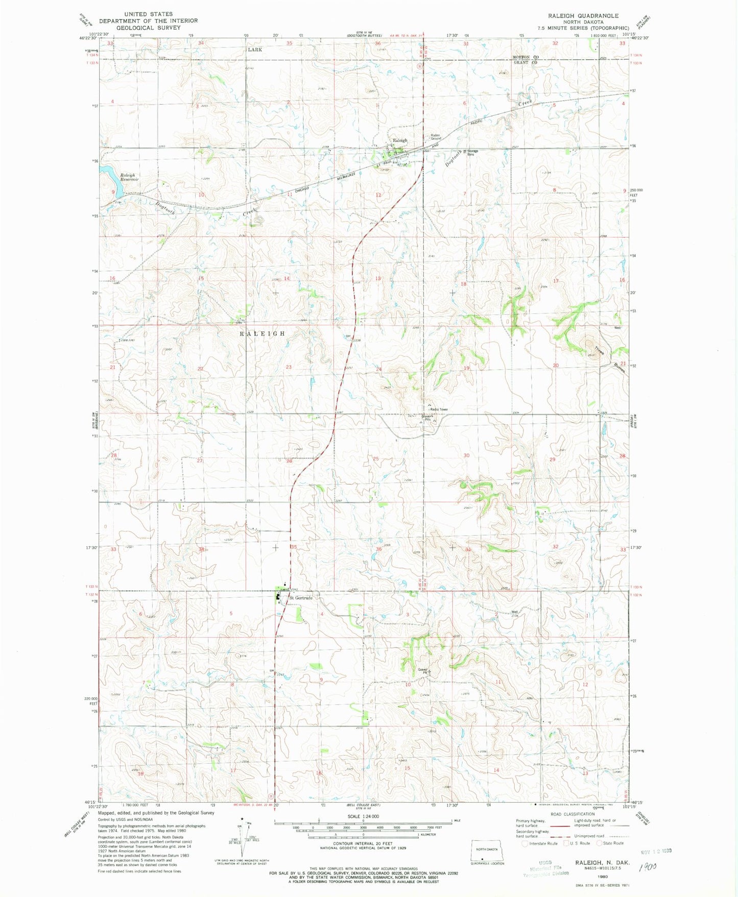 Classic USGS Raleigh North Dakota 7.5'x7.5' Topo Map Image