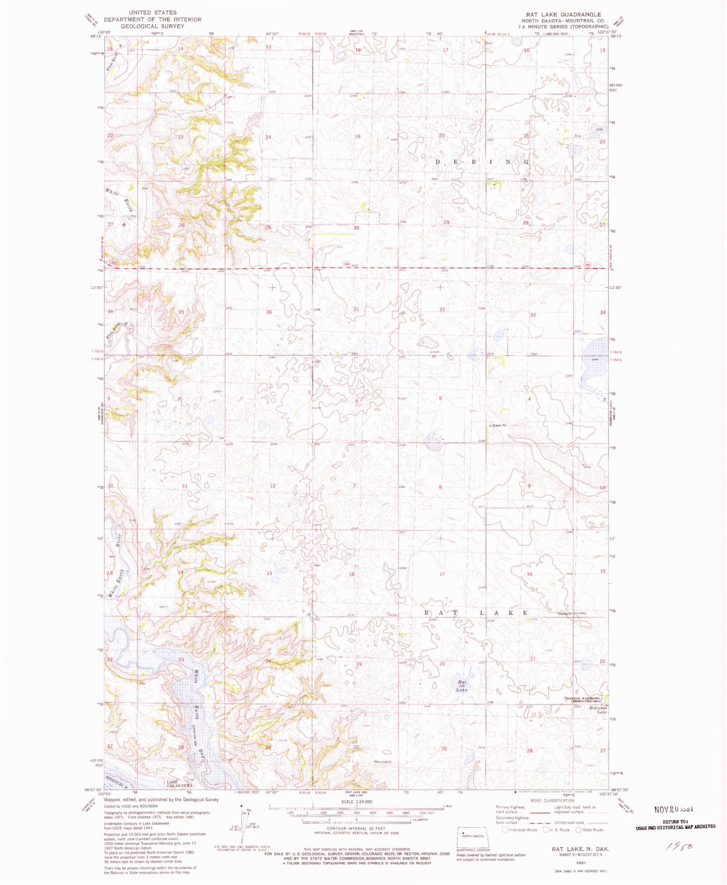 Classic USGS Rat Lake North Dakota 7.5'x7.5' Topo Map Image