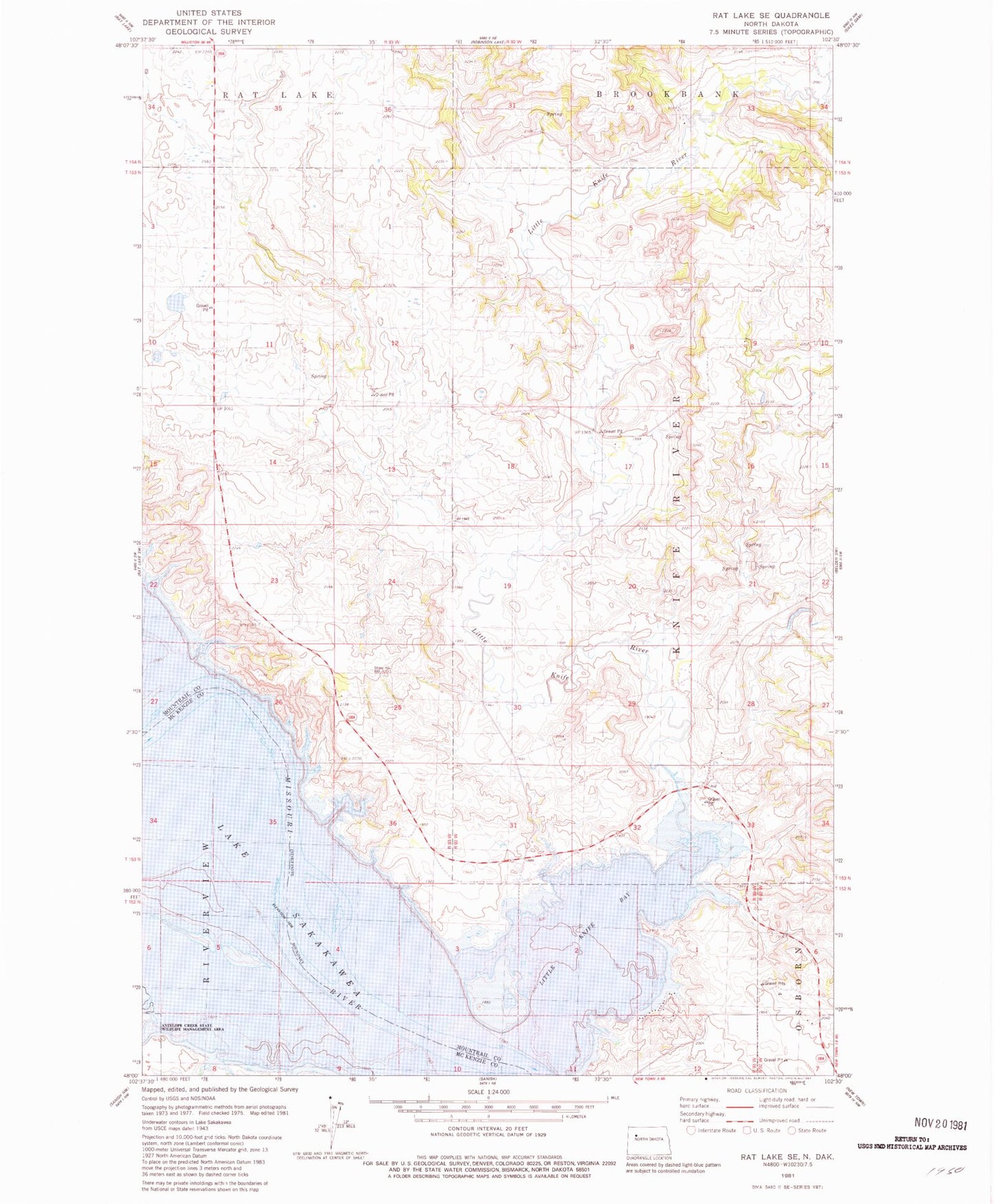 Classic USGS Rat Lake SE North Dakota 7.5'x7.5' Topo Map Image