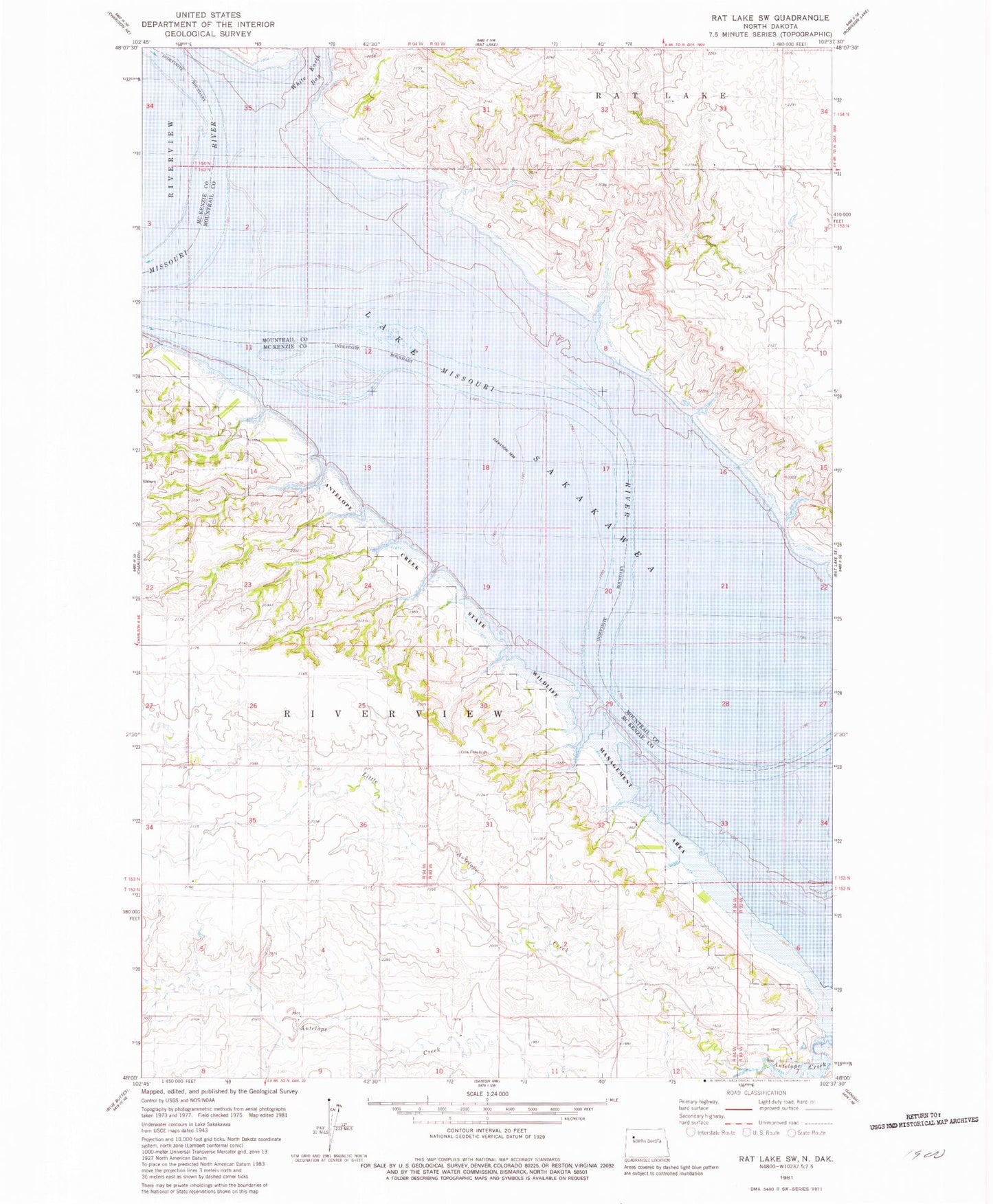 Classic USGS Rat Lake SW North Dakota 7.5'x7.5' Topo Map Image