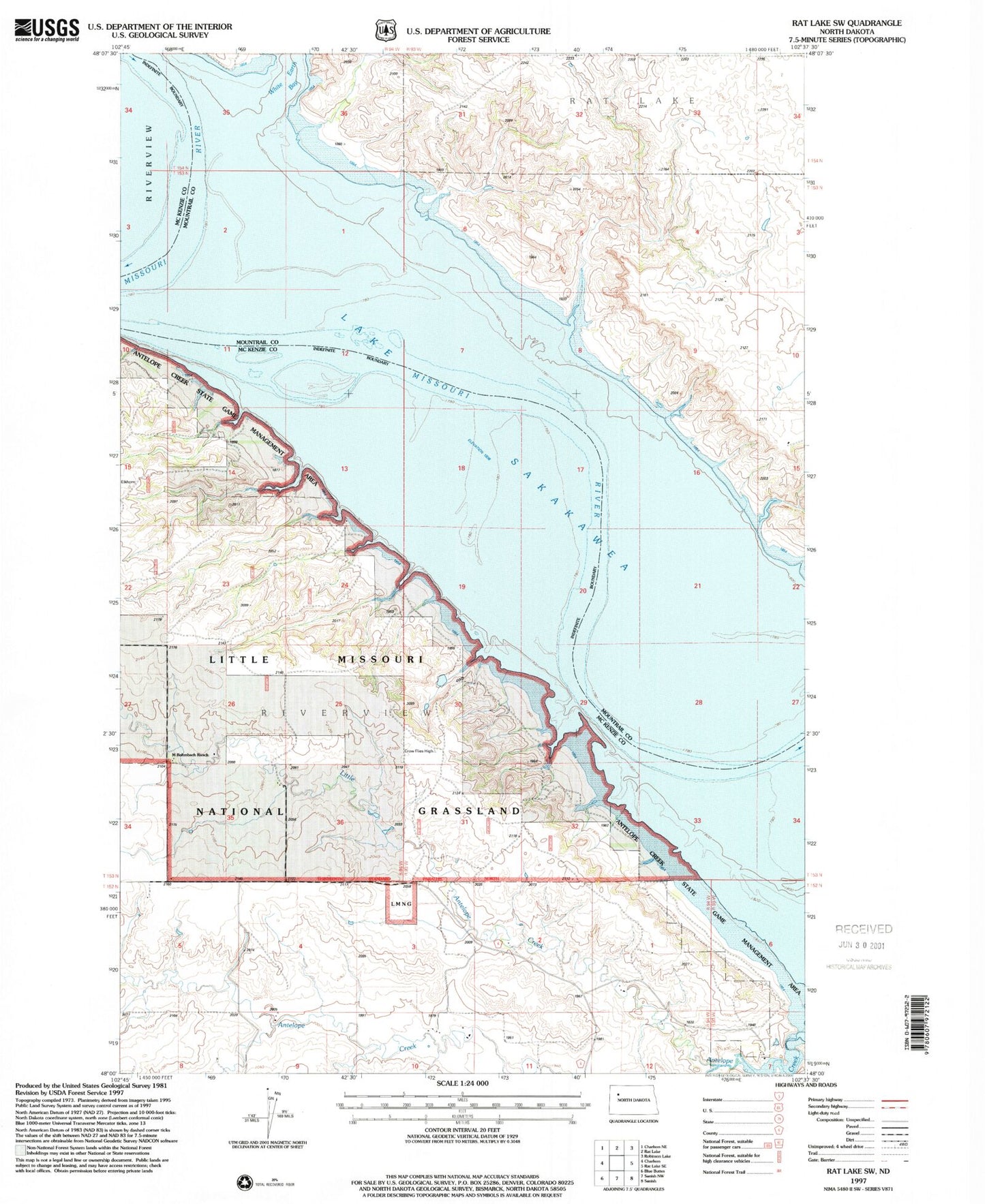 Classic USGS Rat Lake SW North Dakota 7.5'x7.5' Topo Map Image
