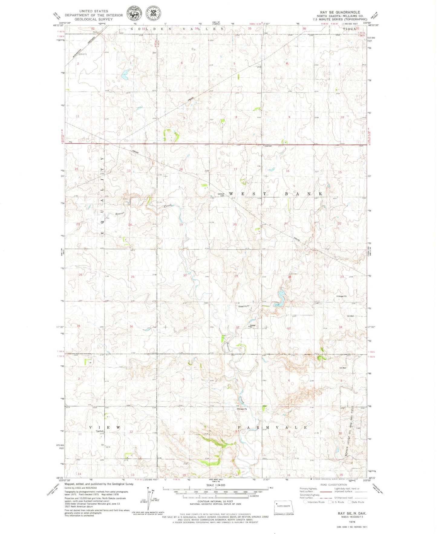Classic USGS Ray SE North Dakota 7.5'x7.5' Topo Map Image