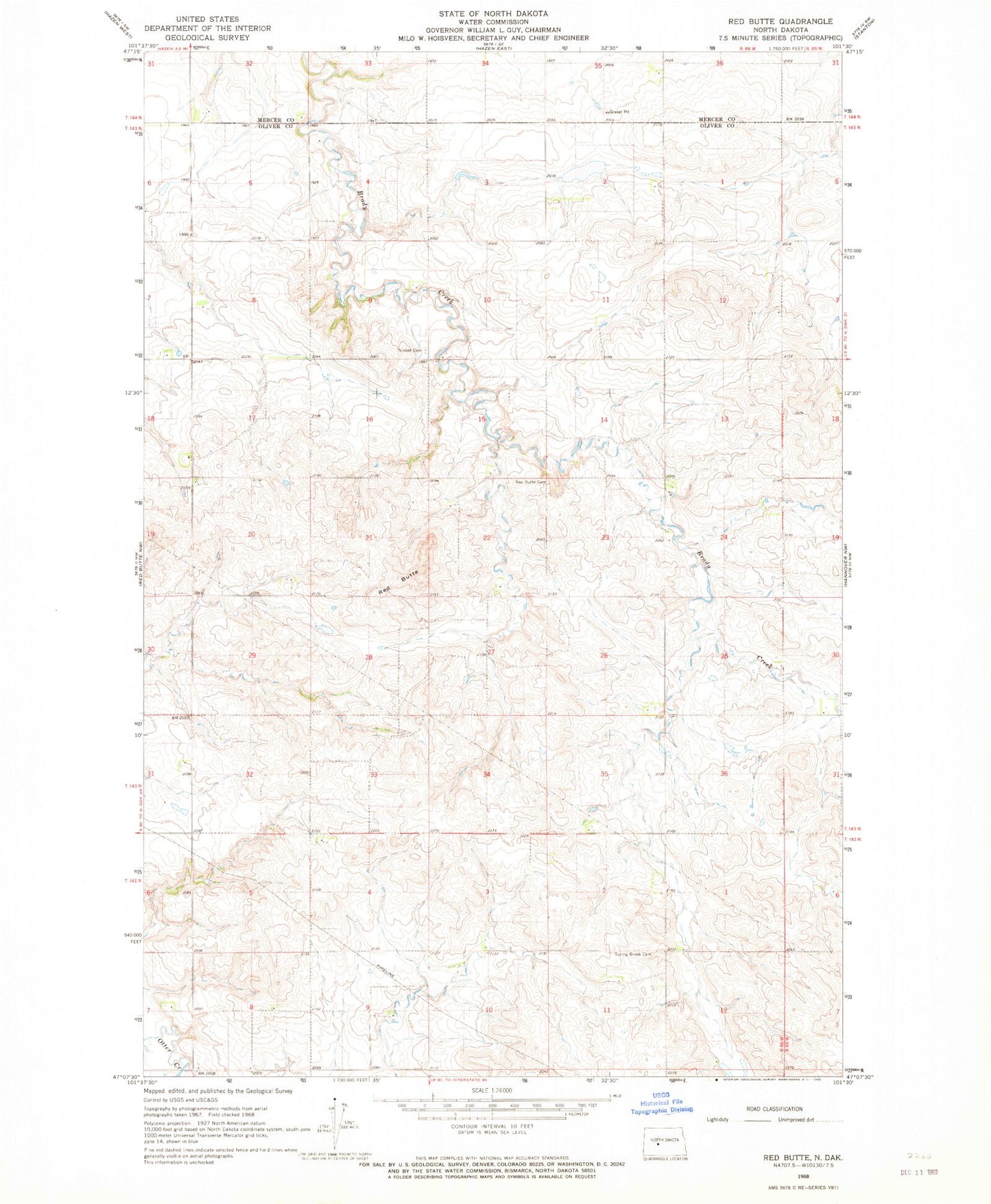 Classic USGS Red Butte North Dakota 7.5'x7.5' Topo Map Image