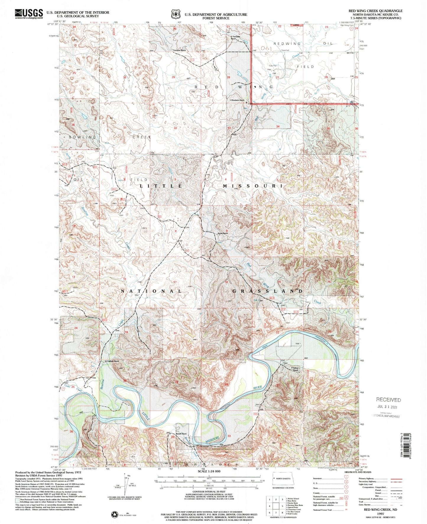 Classic USGS Red Wing Creek North Dakota 7.5'x7.5' Topo Map Image