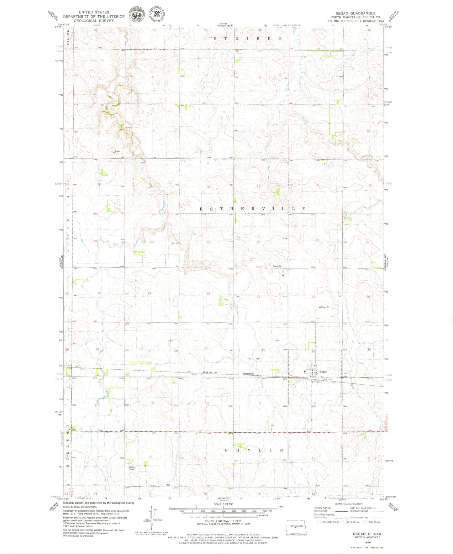 Classic USGS Regan North Dakota 7.5'x7.5' Topo Map Image