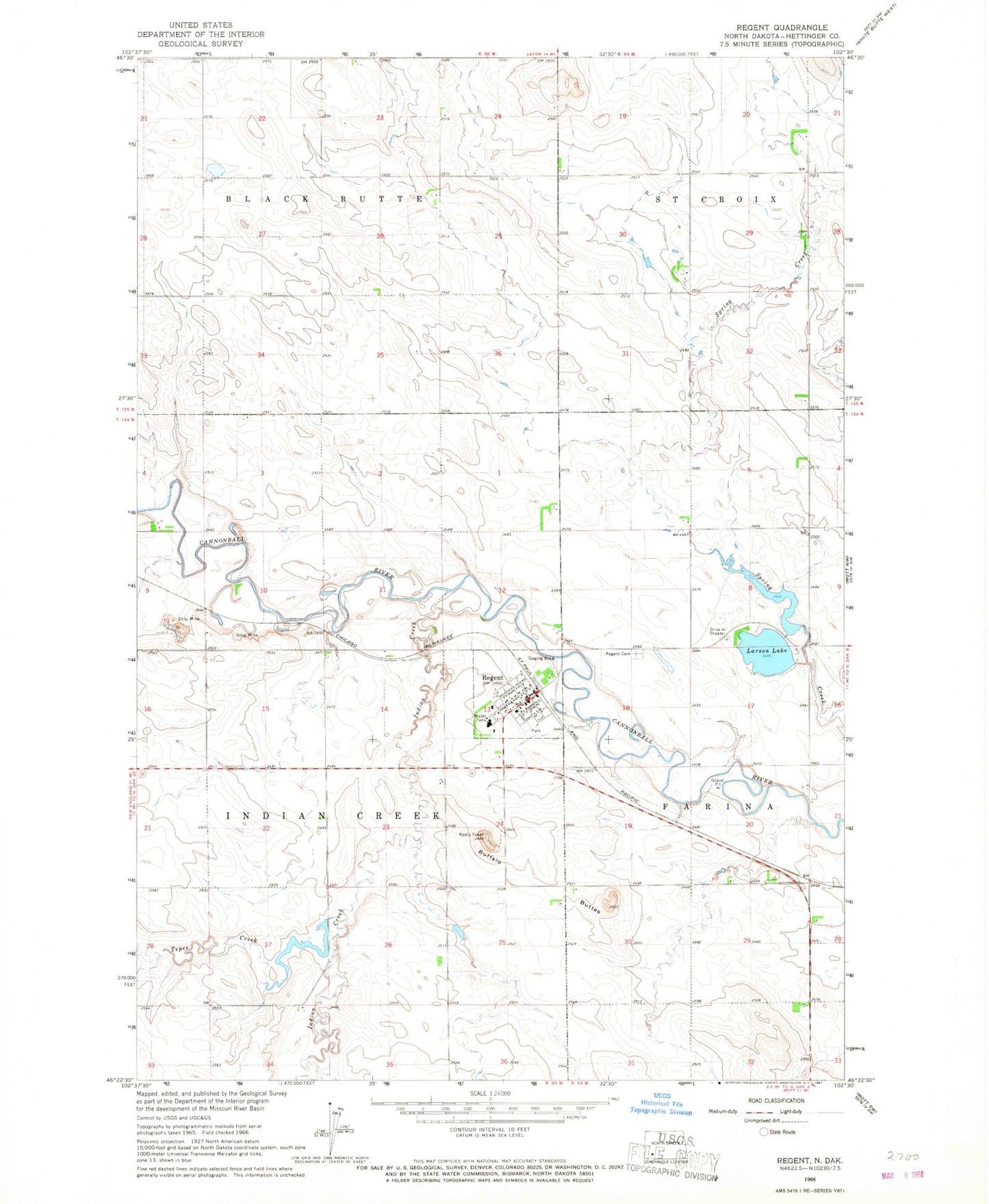 Classic USGS Regent North Dakota 7.5'x7.5' Topo Map Image