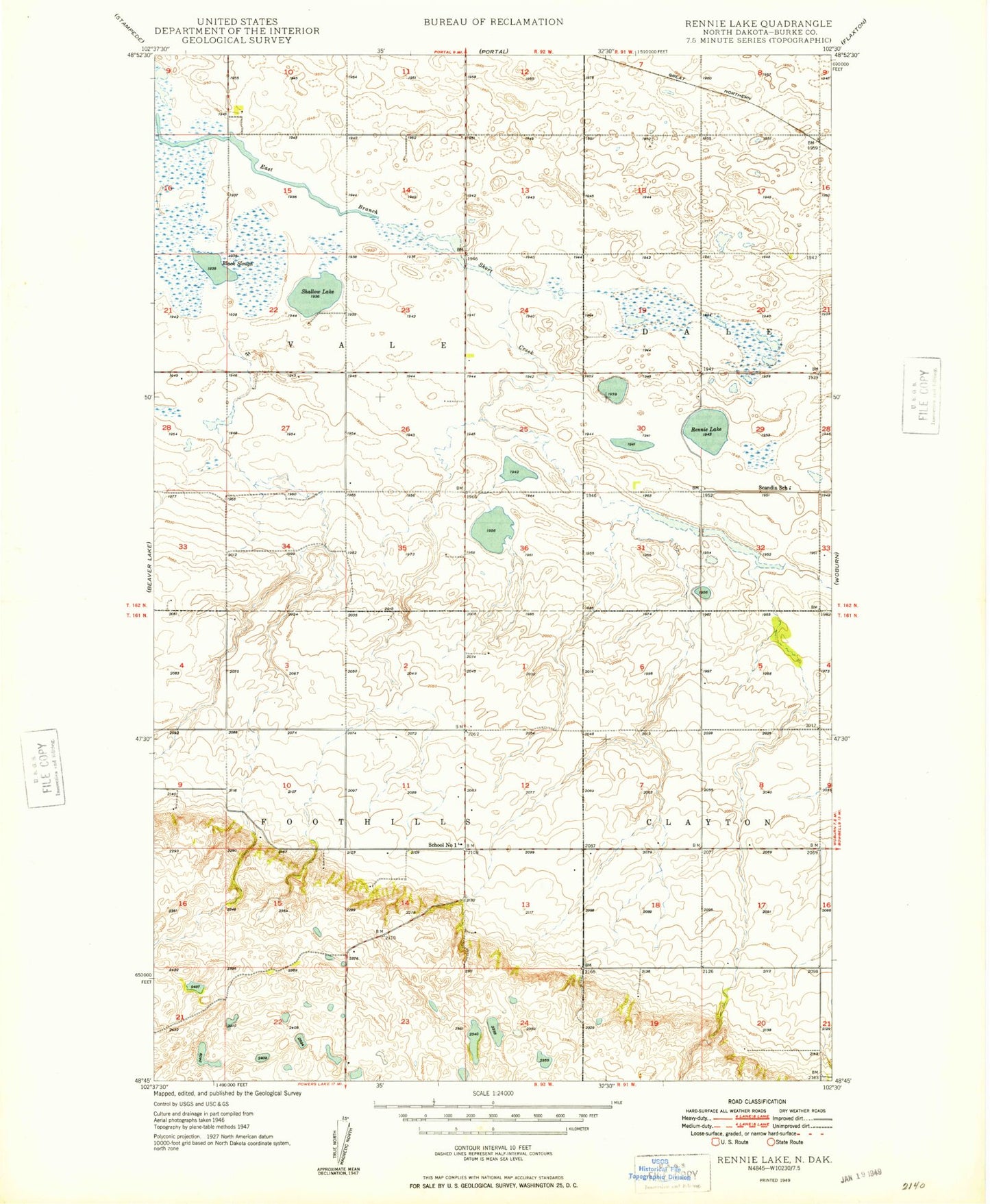 Classic USGS Rennie Lake North Dakota 7.5'x7.5' Topo Map Image