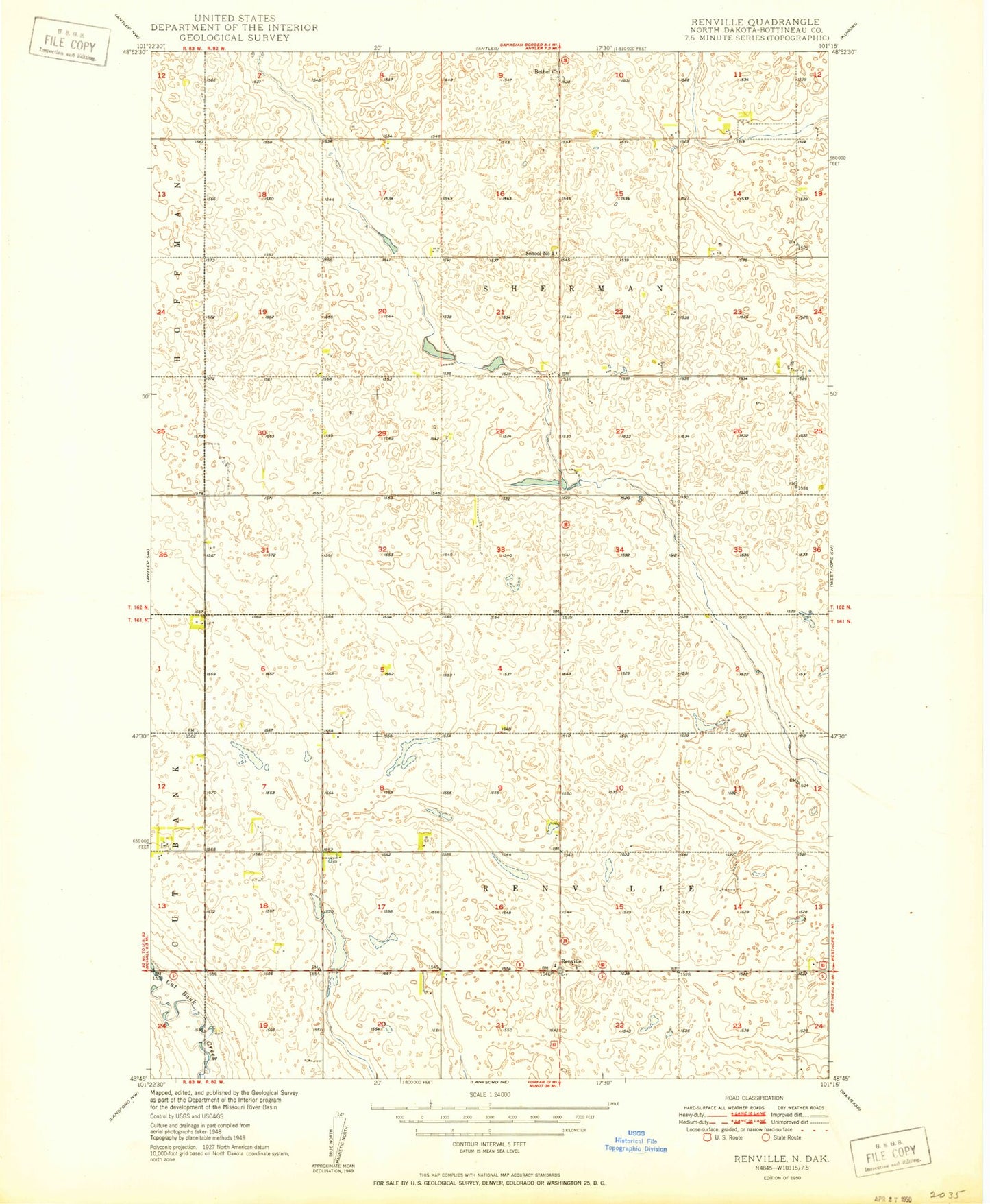 Classic USGS Renville North Dakota 7.5'x7.5' Topo Map Image