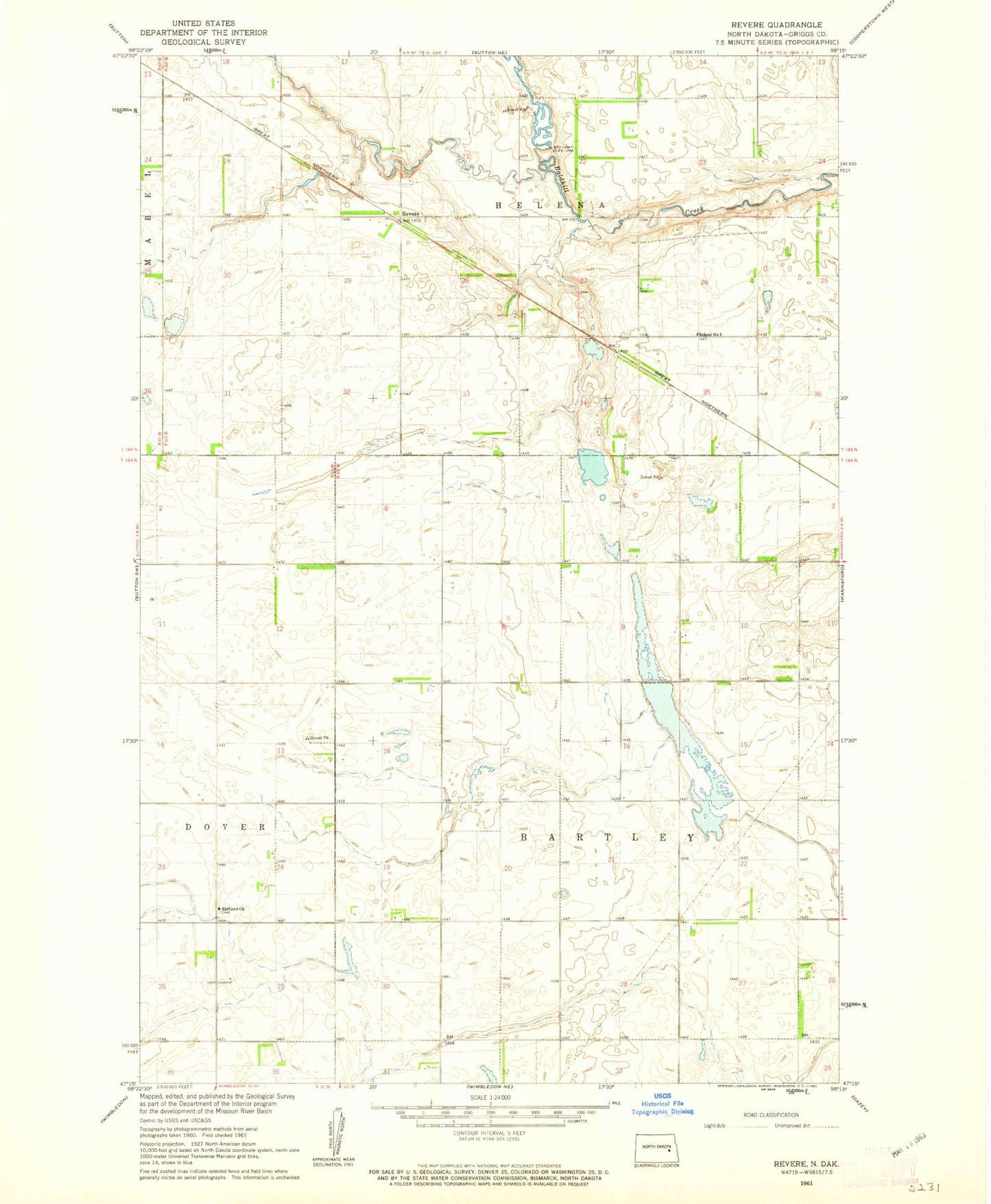 Classic USGS Revere North Dakota 7.5'x7.5' Topo Map Image