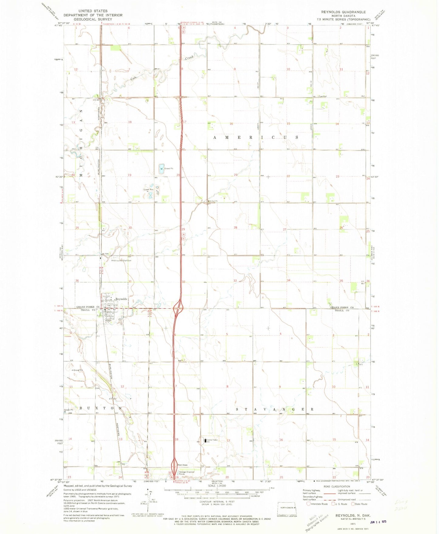 Classic USGS Reynolds North Dakota 7.5'x7.5' Topo Map Image