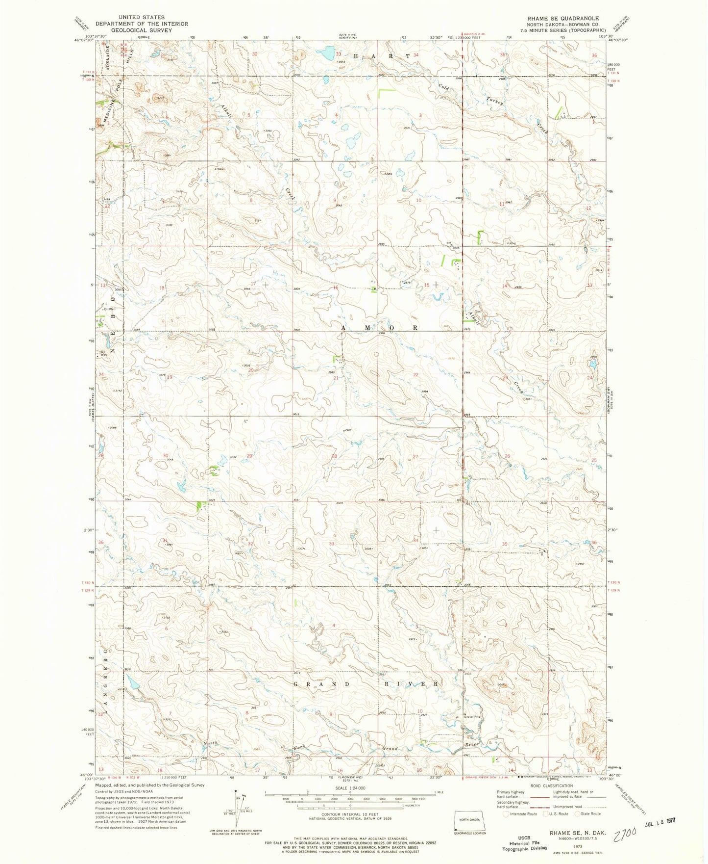 Classic USGS Rhame SE North Dakota 7.5'x7.5' Topo Map Image