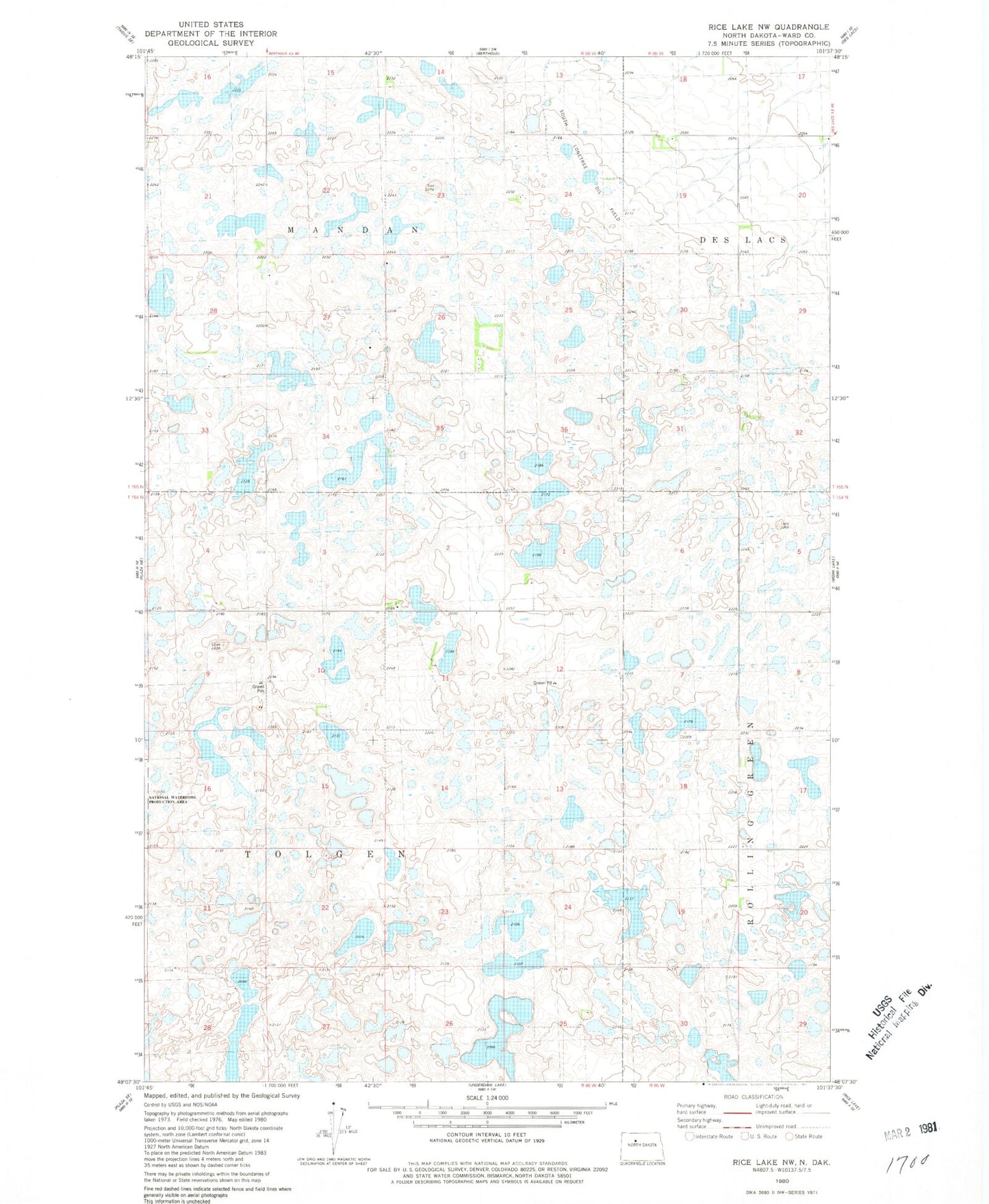 Classic USGS Rice Lake NW North Dakota 7.5'x7.5' Topo Map Image