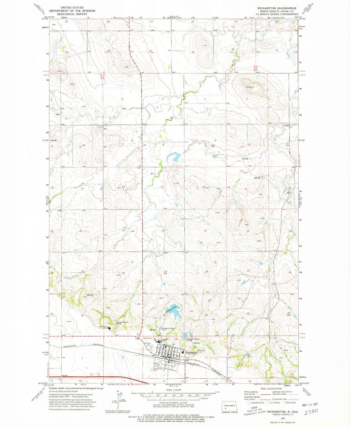 Classic USGS Richardton North Dakota 7.5'x7.5' Topo Map Image