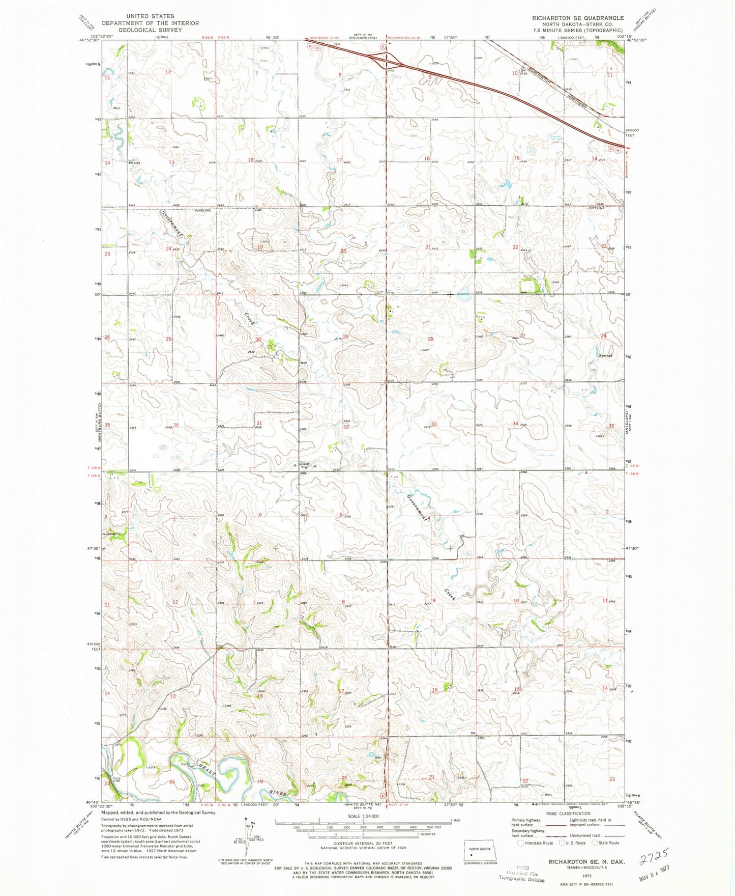 Classic USGS Richardton SE North Dakota 7.5'x7.5' Topo Map Image