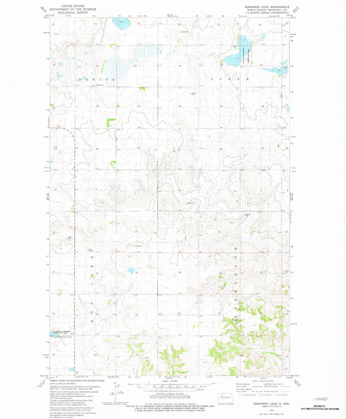 Classic USGS Robinson Lake North Dakota 7.5'x7.5' Topo Map Image