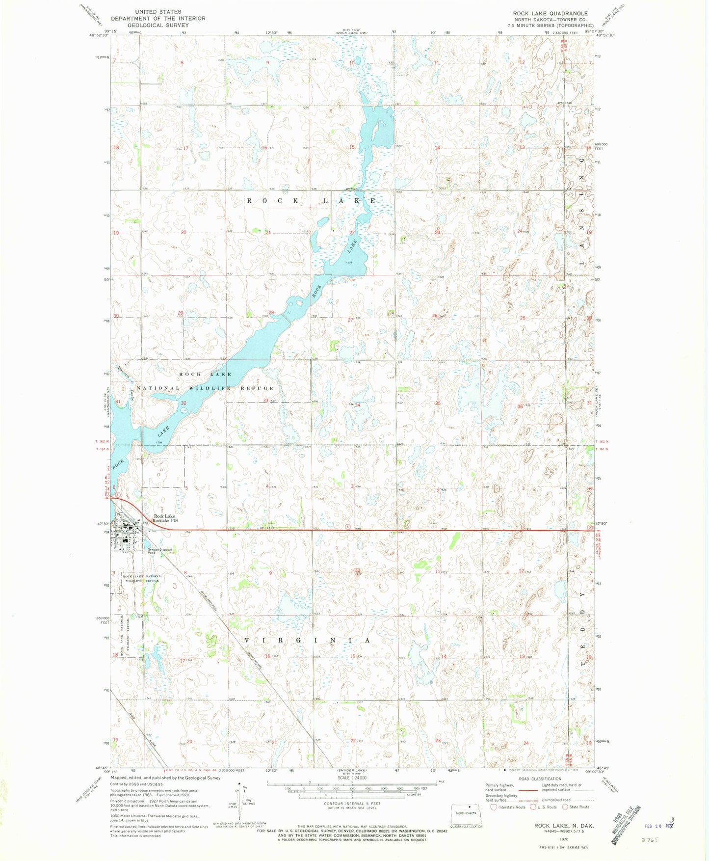 Classic USGS Rock Lake North Dakota 7.5'x7.5' Topo Map Image