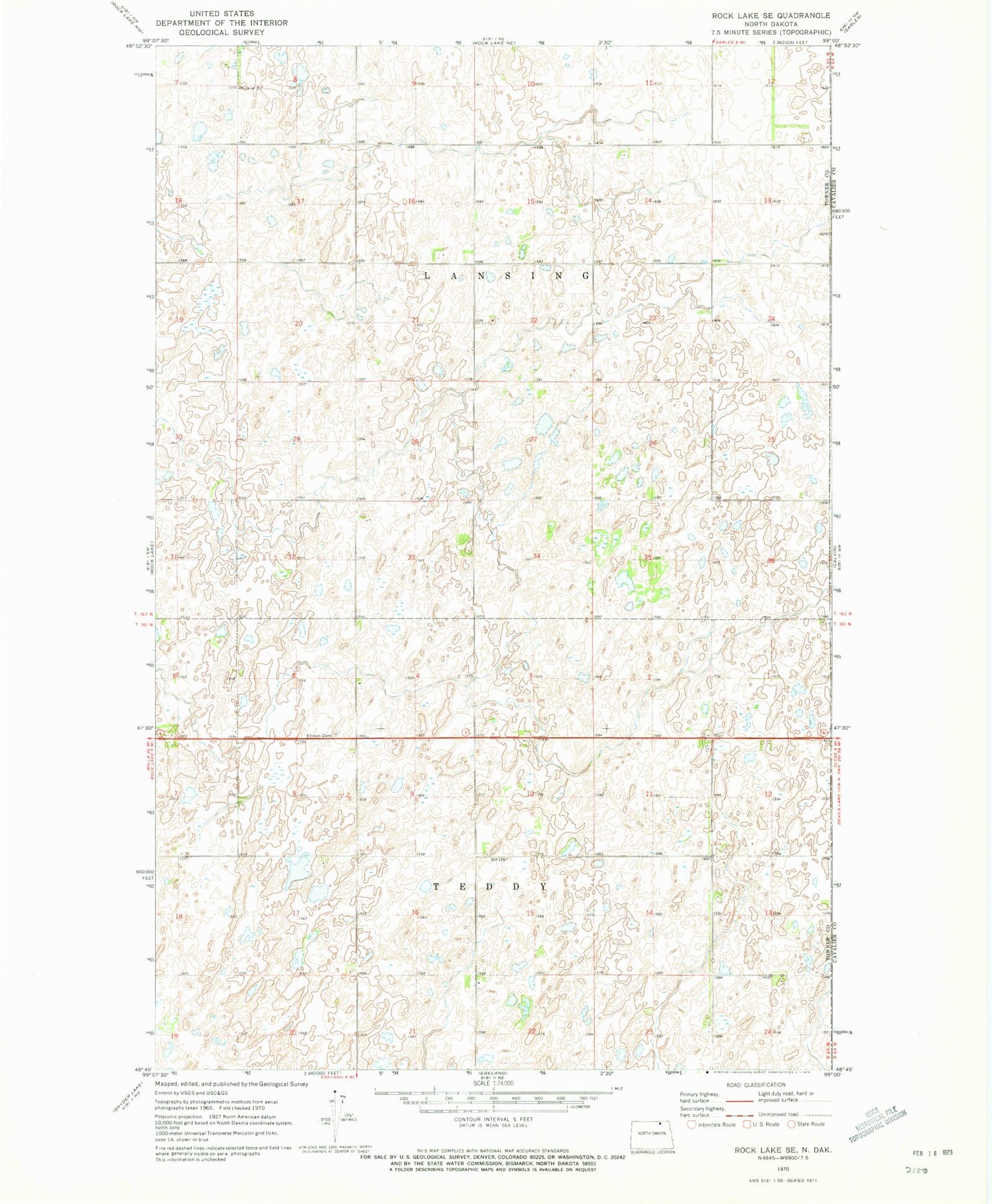 Classic USGS Rock Lake SE North Dakota 7.5'x7.5' Topo Map Image