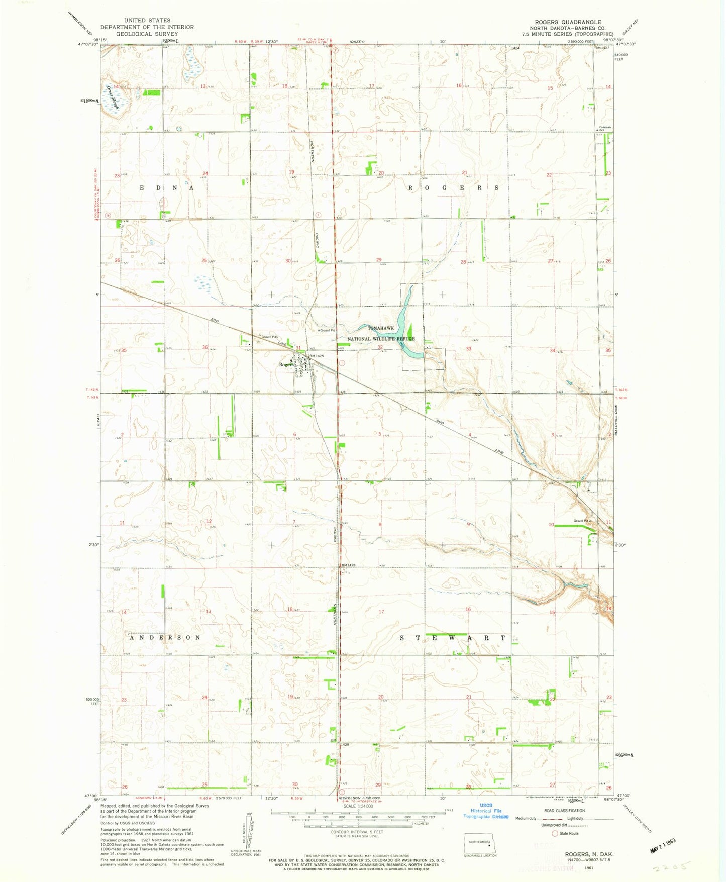 Classic USGS Rogers North Dakota 7.5'x7.5' Topo Map Image